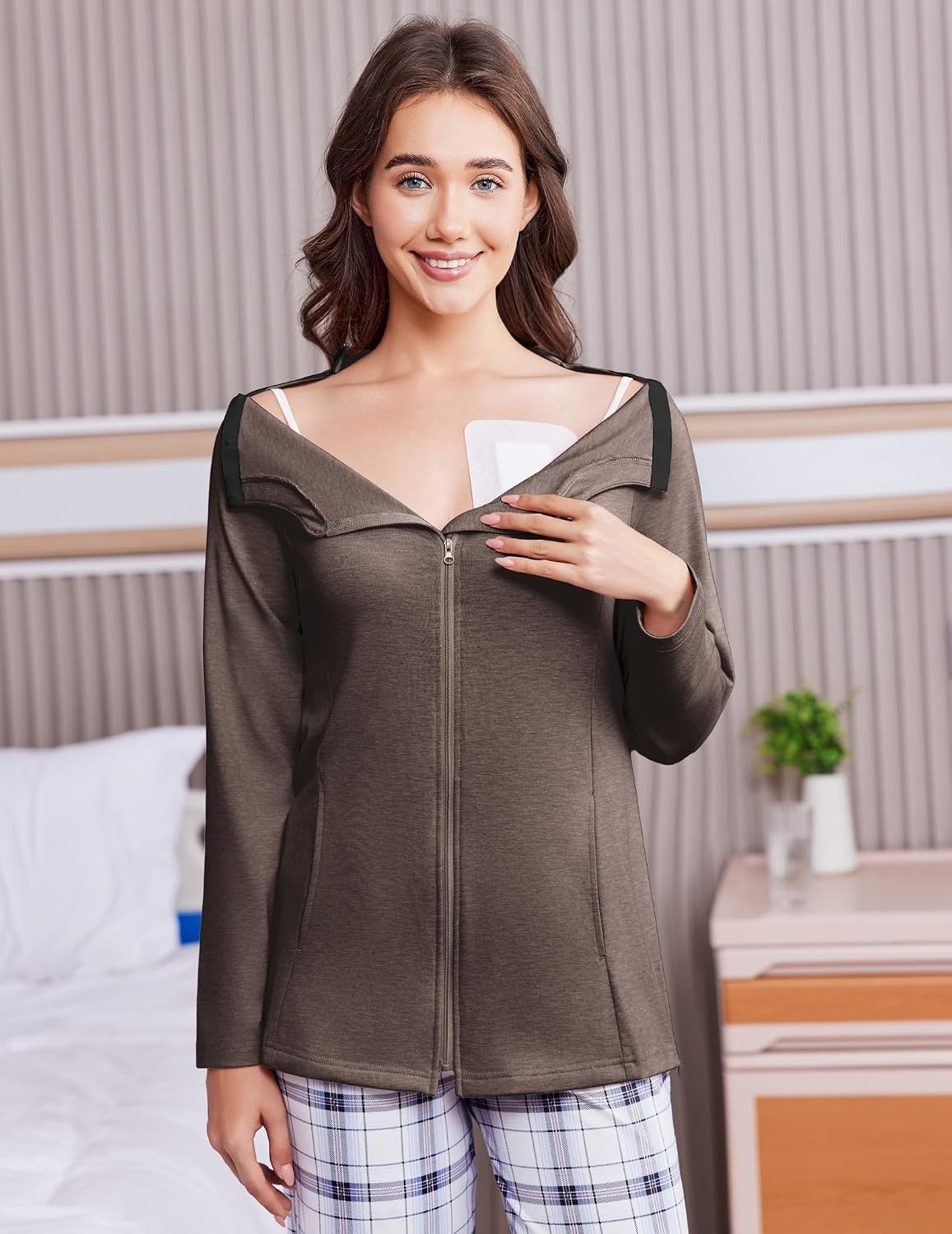 image:imageDeyeek Mastectomy Shirts with Drain Pockets Post Shoulder Surgery Tops for Women Chemo Port Long Sleeve with ZippersChestnut Brown