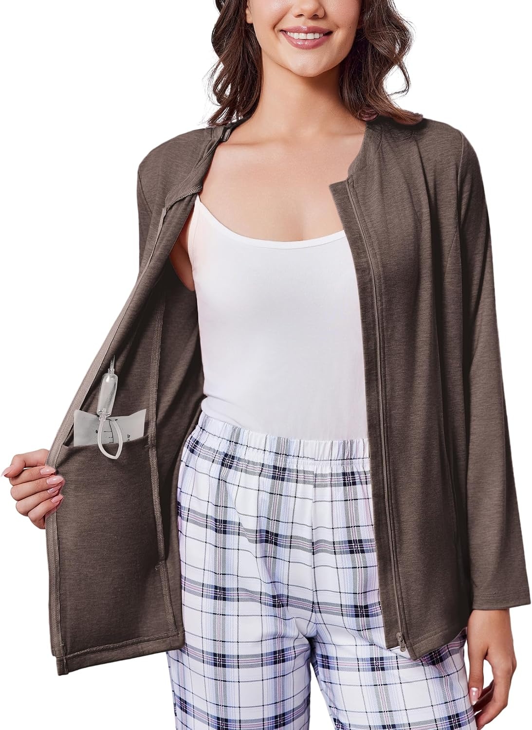 image:imageDeyeek Mastectomy Shirts with Drain Pockets Post Shoulder Surgery Tops for Women Chemo Port Long Sleeve with ZippersChestnut Brown