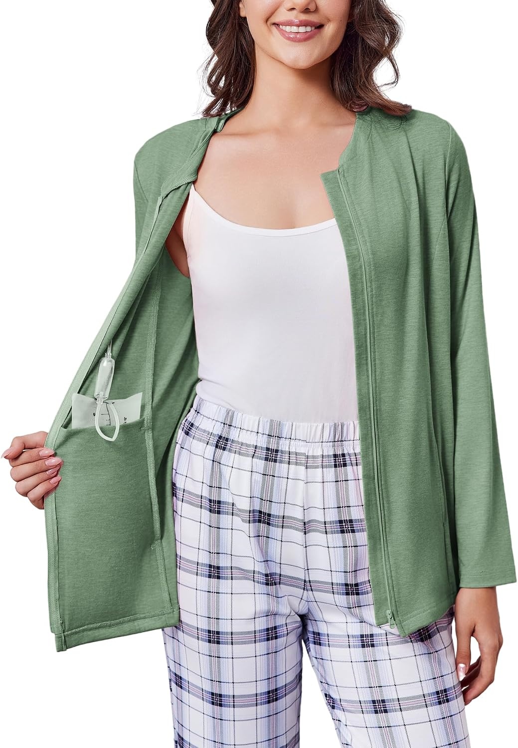 image:imageDeyeek Mastectomy Shirts with Drain Pockets Post Shoulder Surgery Tops for Women Chemo Port Long Sleeve with ZippersLight Green