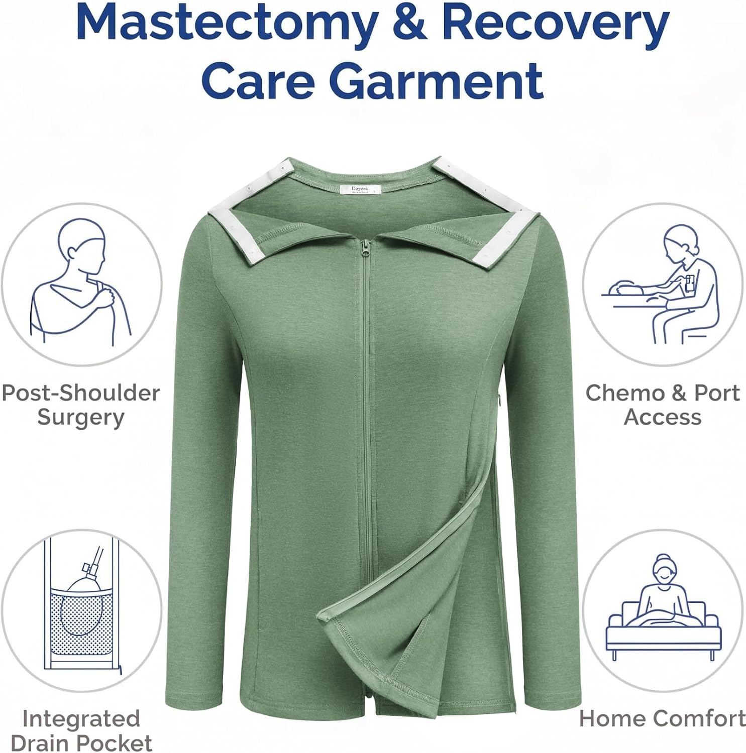image:imageDeyeek Mastectomy Shirts with Drain Pockets Post Shoulder Surgery Tops for Women Chemo Port Long Sleeve with ZippersLight Green