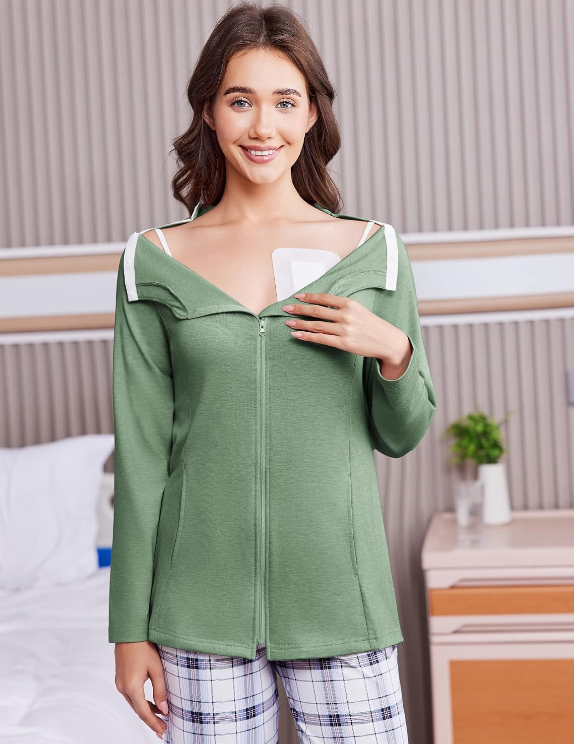 image:imageDeyeek Mastectomy Shirts with Drain Pockets Post Shoulder Surgery Tops for Women Chemo Port Long Sleeve with ZippersLight Green