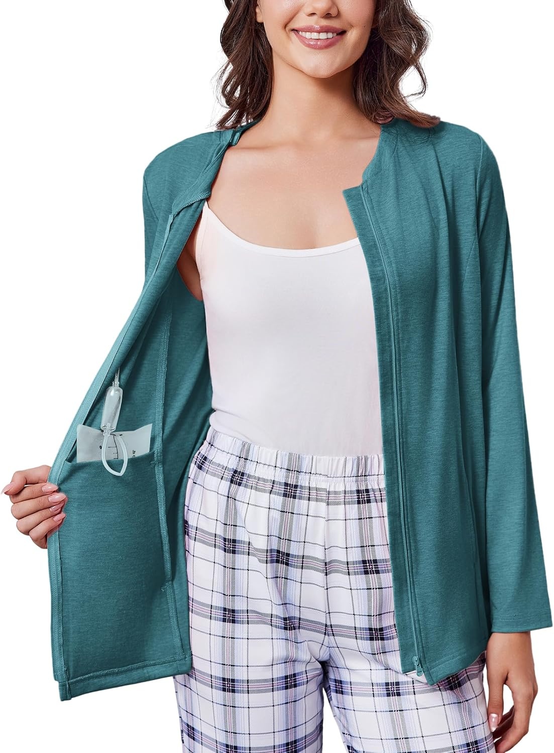 image:imageDeyeek Mastectomy Shirts with Drain Pockets Post Shoulder Surgery Tops for Women Chemo Port Long Sleeve with ZippersPeacock Blue