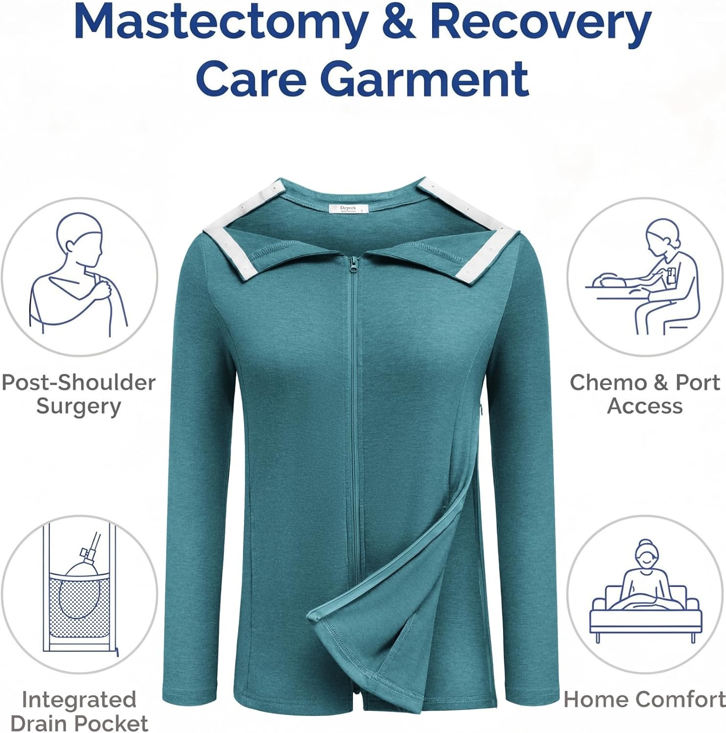 image:imageDeyeek Mastectomy Shirts with Drain Pockets Post Shoulder Surgery Tops for Women Chemo Port Long Sleeve with ZippersPeacock Blue