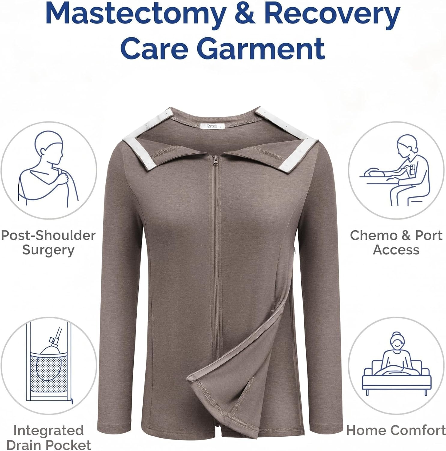 image:imageDeyeek Mastectomy Shirts with Drain Pockets Post Shoulder Surgery Tops for Women Chemo Port Long Sleeve with ZippersTaupe Grey