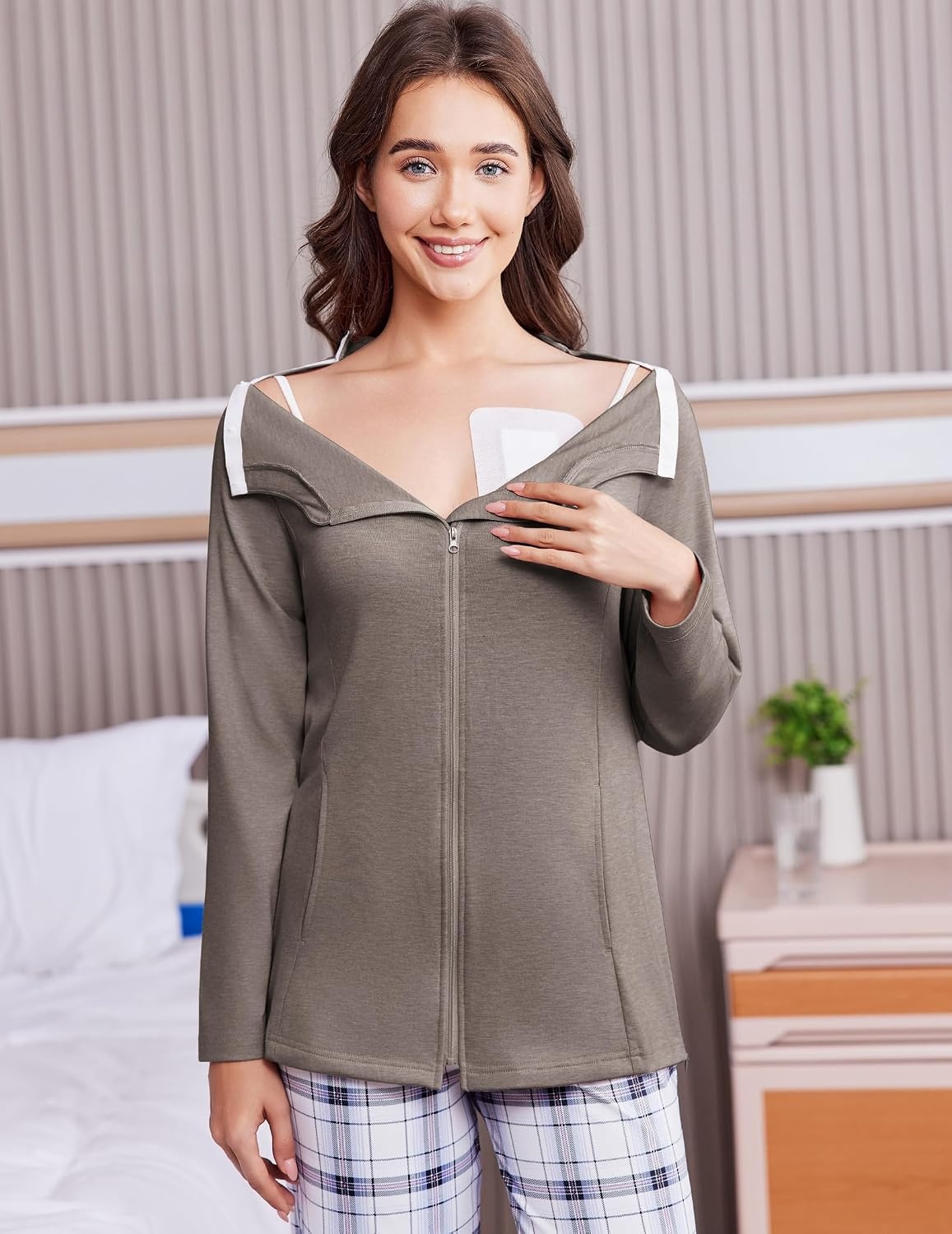 image:imageDeyeek Mastectomy Shirts with Drain Pockets Post Shoulder Surgery Tops for Women Chemo Port Long Sleeve with ZippersTaupe Grey