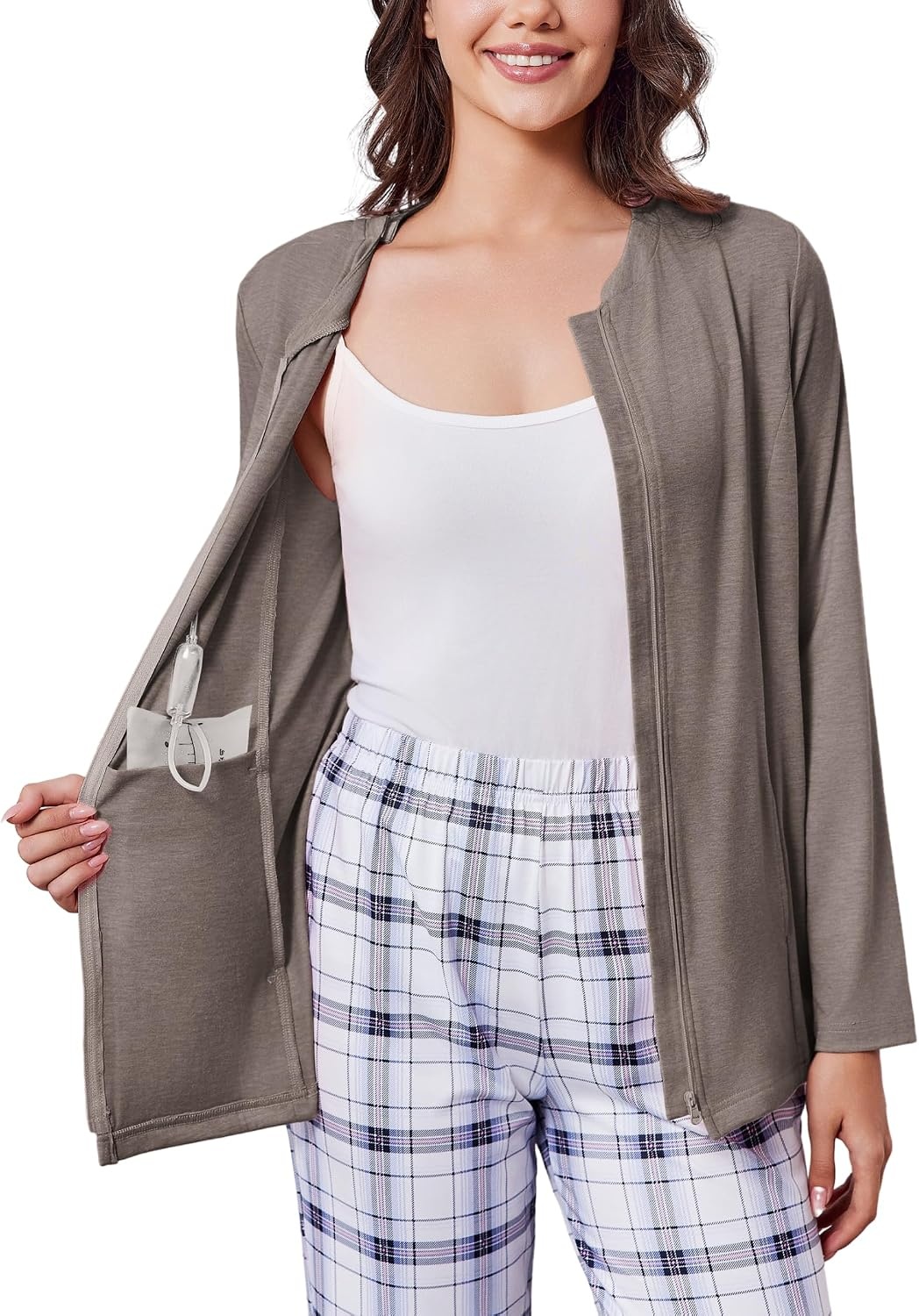 image:imageDeyeek Mastectomy Shirts with Drain Pockets Post Shoulder Surgery Tops for Women Chemo Port Long Sleeve with ZippersTaupe Grey