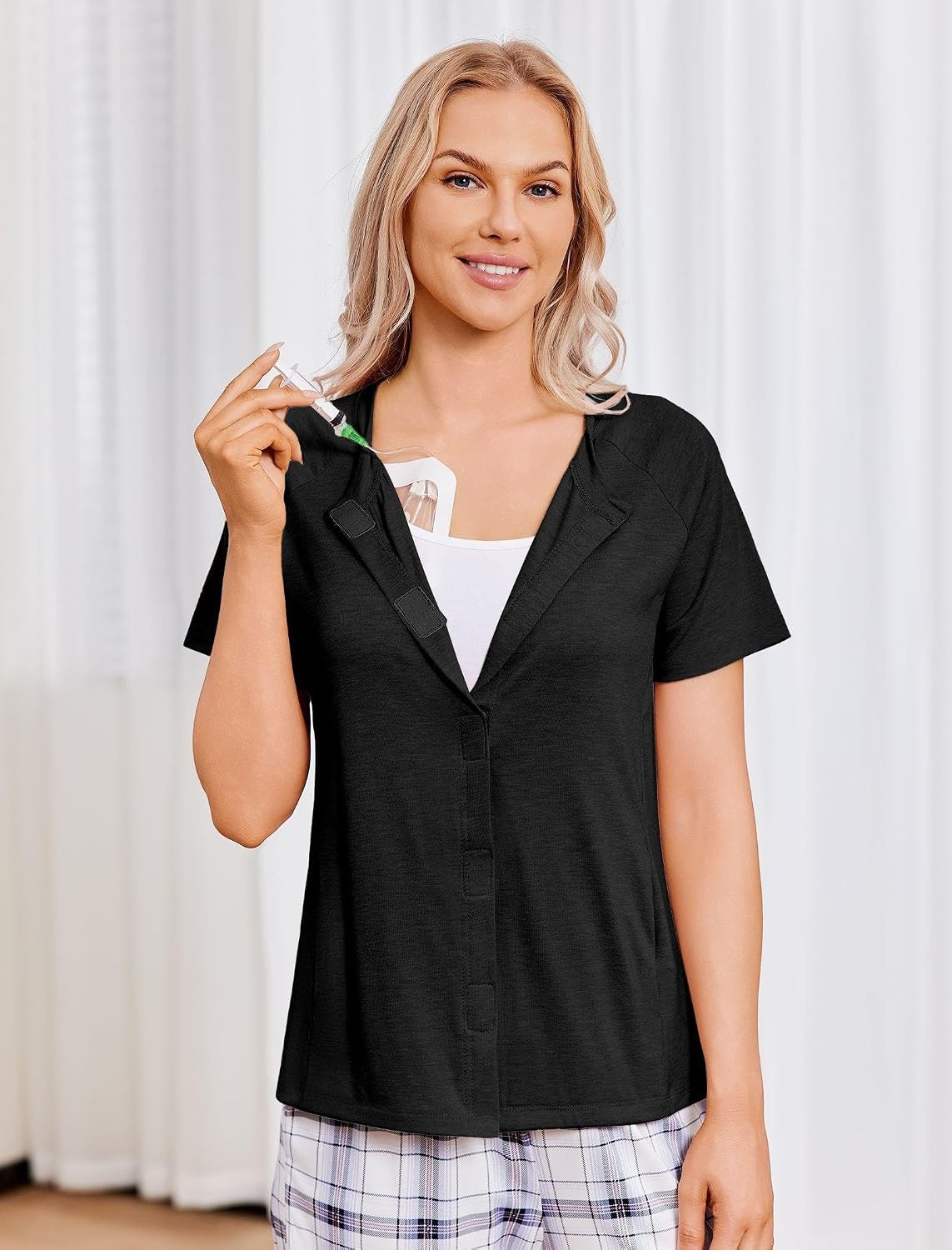 image:imageDeyeek Mastectomy Shirts with Drain Pockets for Women Short Sleeve ShirtBlack