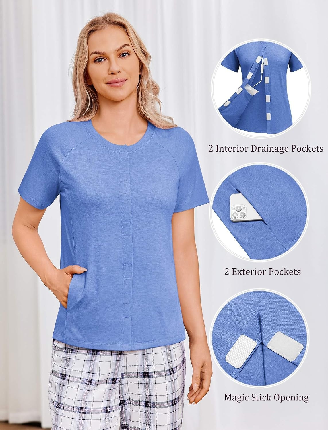 image:imageDeyeek Mastectomy Shirts with Drain Pockets for Women Short Sleeve ShirtBlue