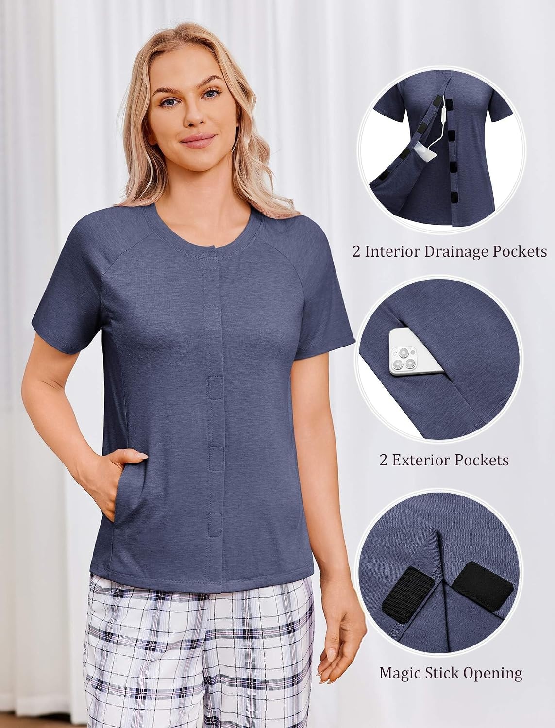 image:imageDeyeek Mastectomy Shirts with Drain Pockets for Women Short Sleeve ShirtBlue Purple