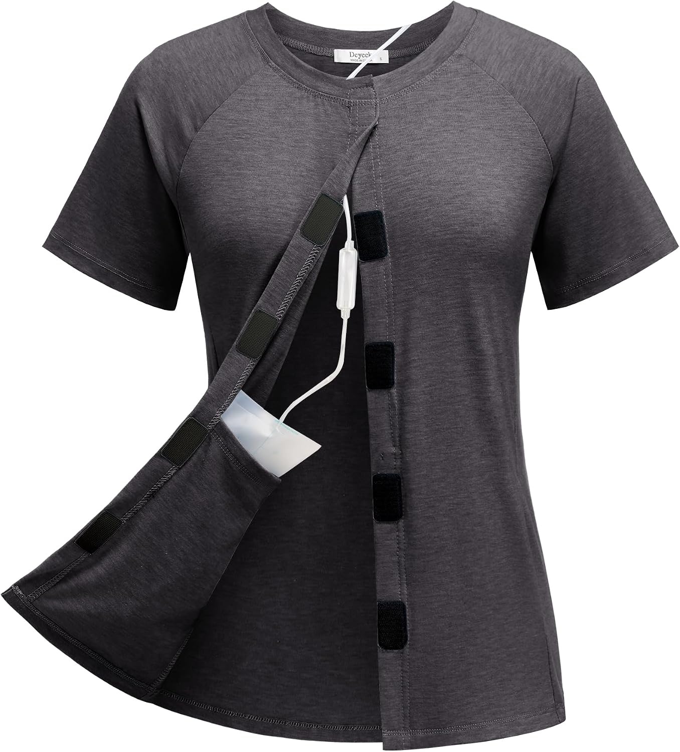 image:imageDeyeek Mastectomy Shirts with Drain Pockets for Women Short Sleeve ShirtDark Gray