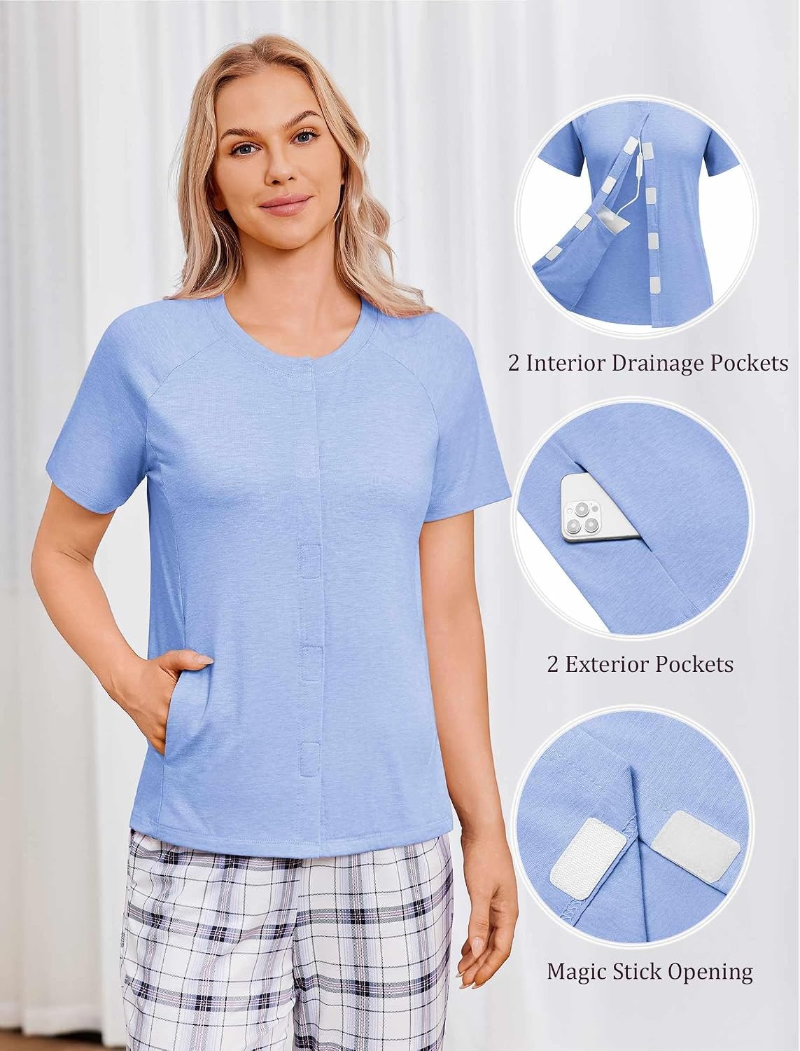 image:imageDeyeek Mastectomy Shirts with Drain Pockets for Women Short Sleeve ShirtLight Blue