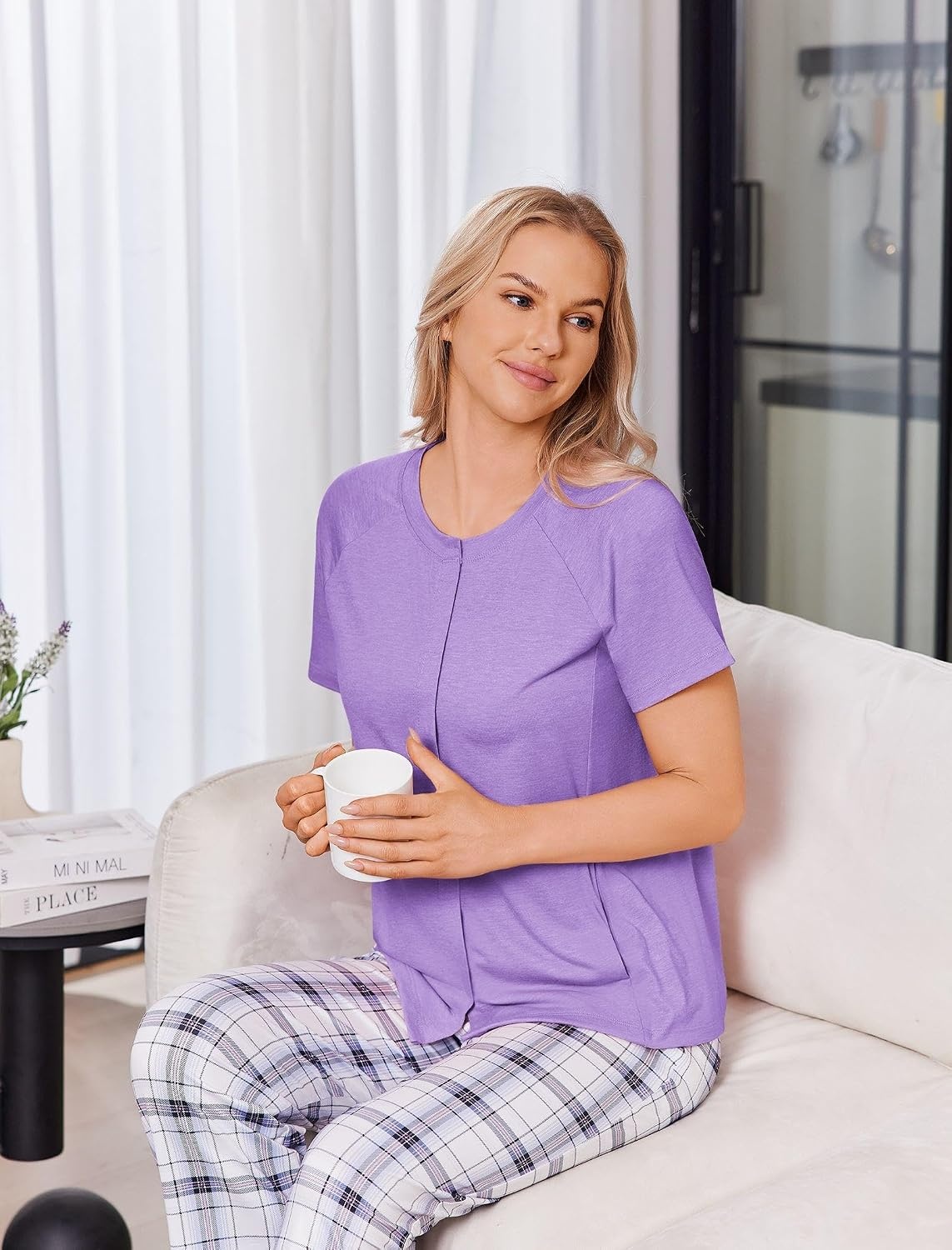 image:imageDeyeek Mastectomy Shirts with Drain Pockets for Women Short Sleeve ShirtLilac Purple