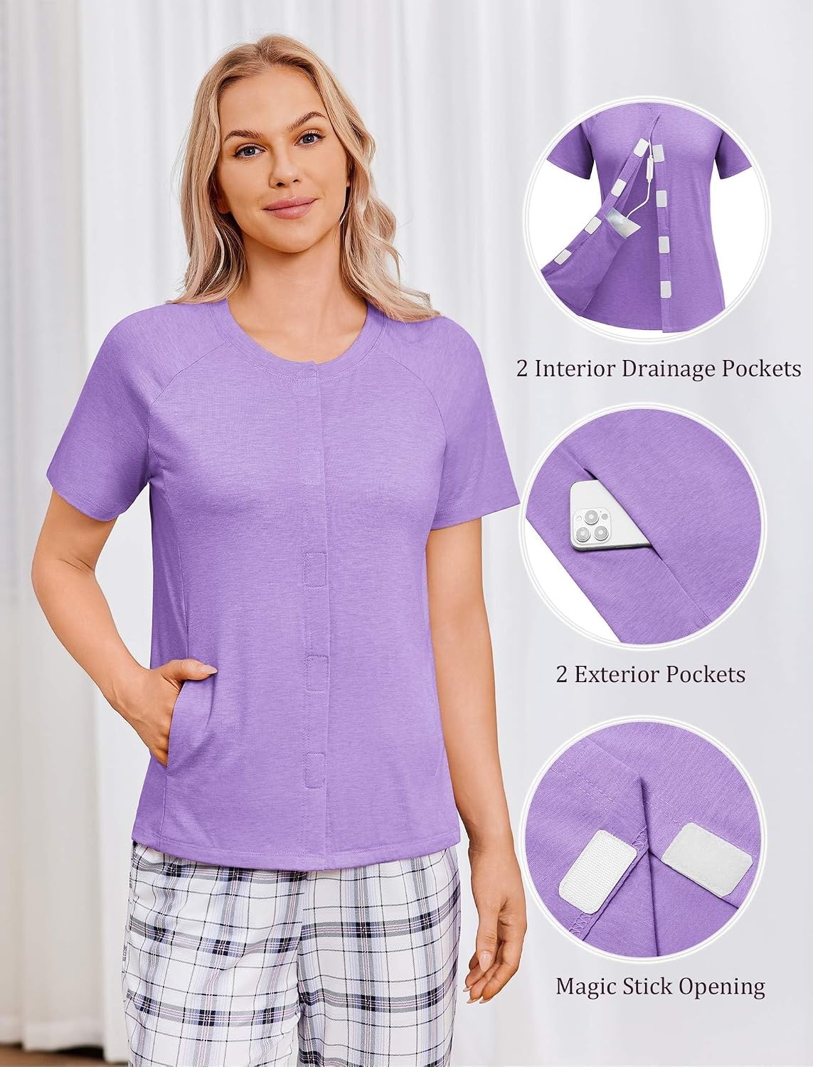 image:imageDeyeek Mastectomy Shirts with Drain Pockets for Women Short Sleeve ShirtLilac Purple