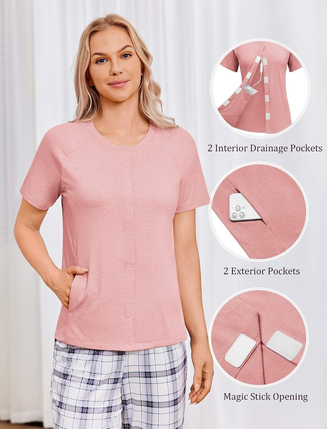 image:imageDeyeek Mastectomy Shirts with Drain Pockets for Women Short Sleeve ShirtLotus Root Pink