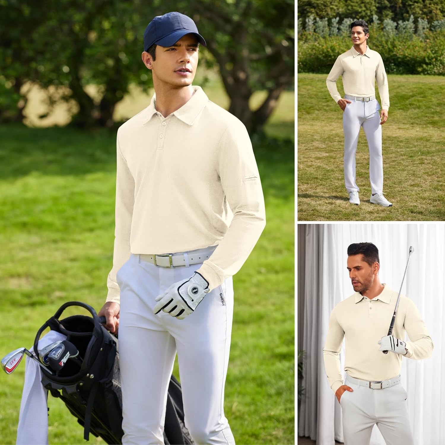 image:imageDeyeek Mens Long Sleeve Polo Shirts Quick Dry Golf Polo for MenBeige