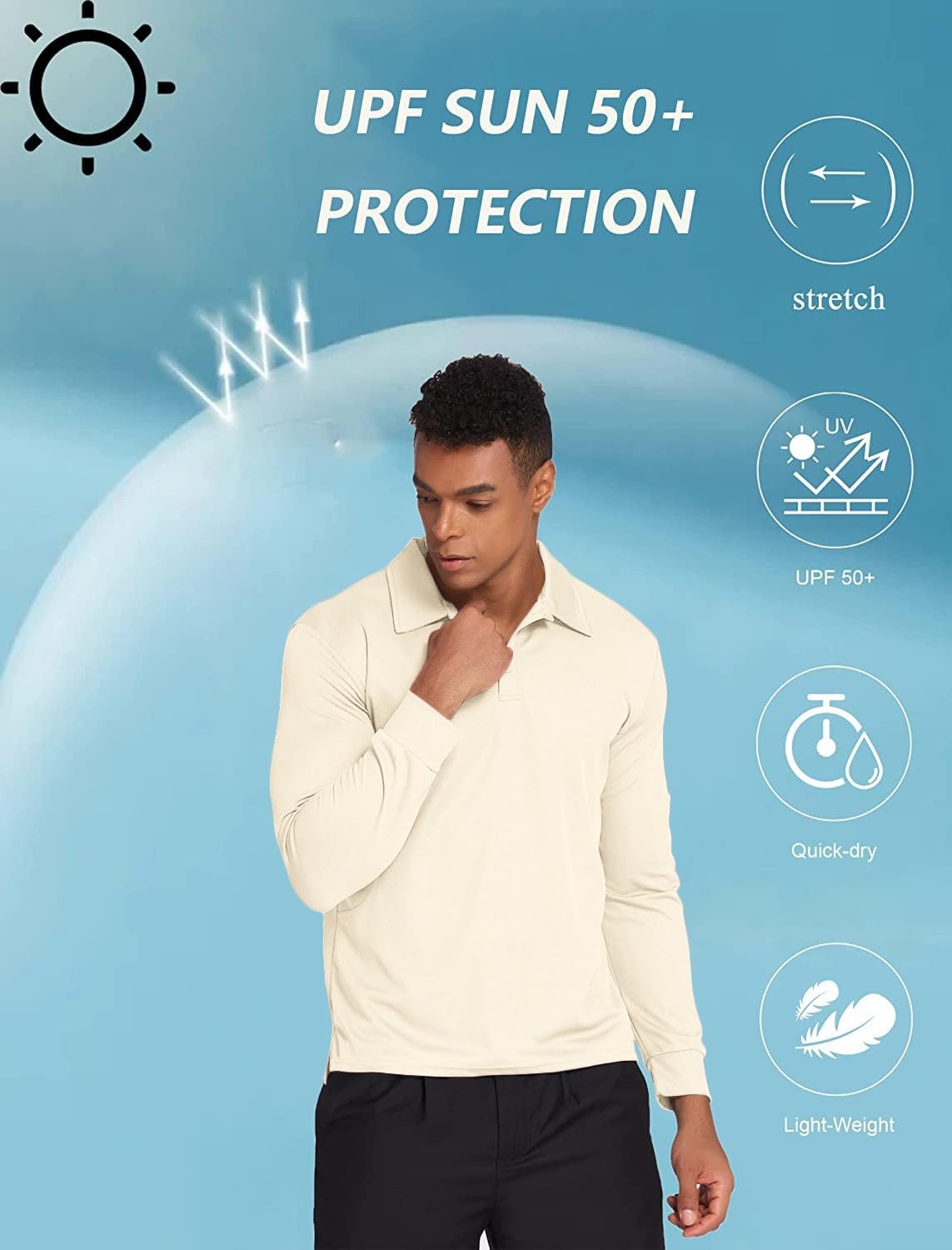 image:imageDeyeek Mens Long Sleeve Polo Shirts Quick Dry Golf Polo for MenBeige