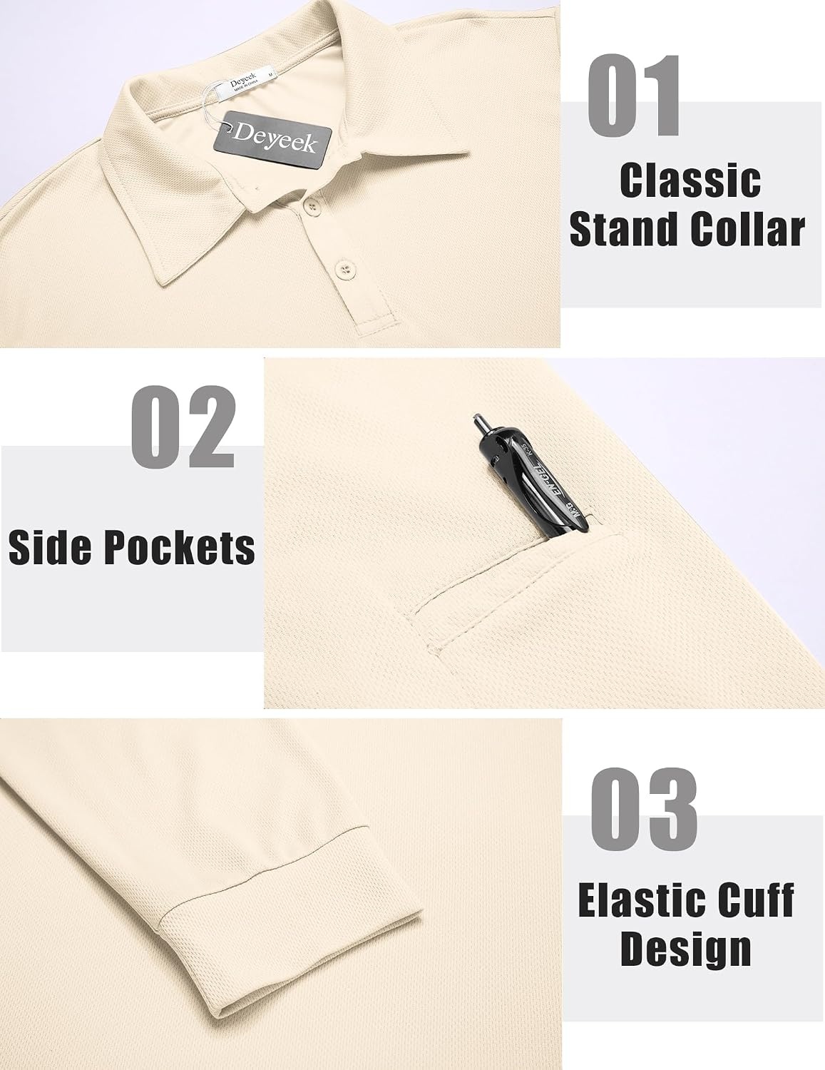 image:imageDeyeek Mens Long Sleeve Polo Shirts Quick Dry Golf Polo for MenBeige