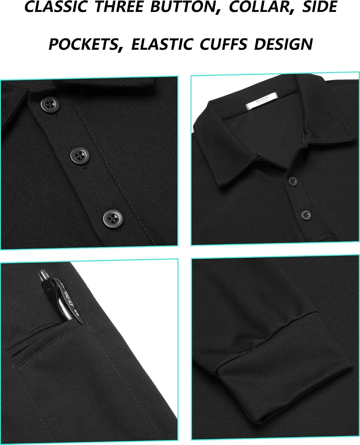 image:imageDeyeek Mens Long Sleeve Polo Shirts Quick Dry Golf Polo for MenBlack
