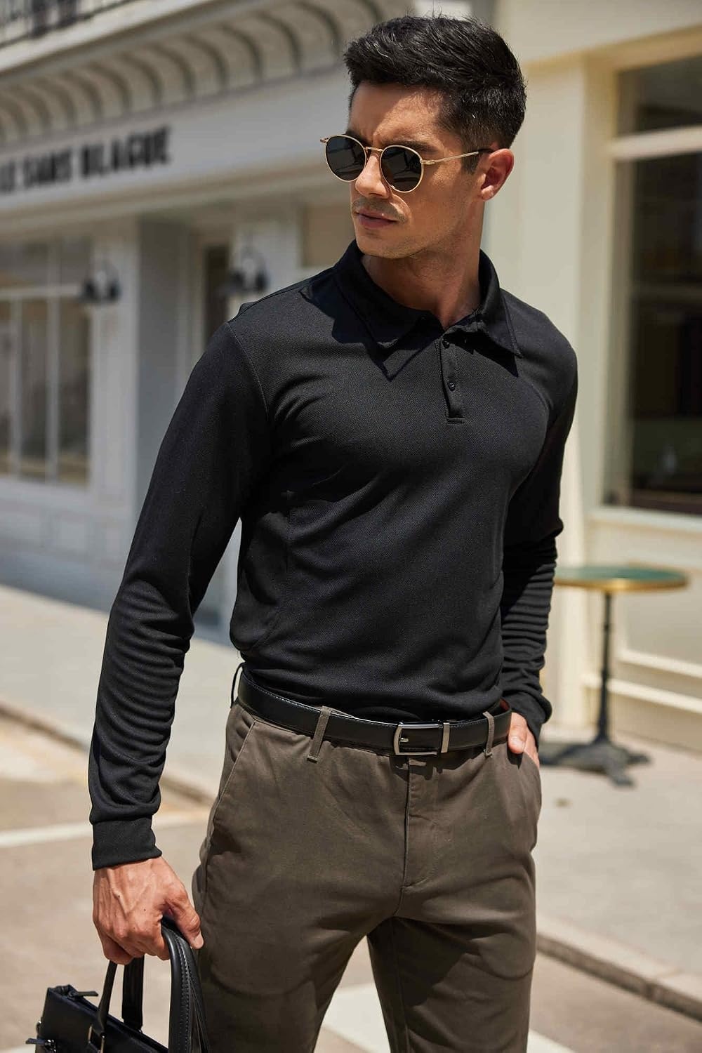 image:imageDeyeek Mens Long Sleeve Polo Shirts Quick Dry Golf Polo for MenBlack