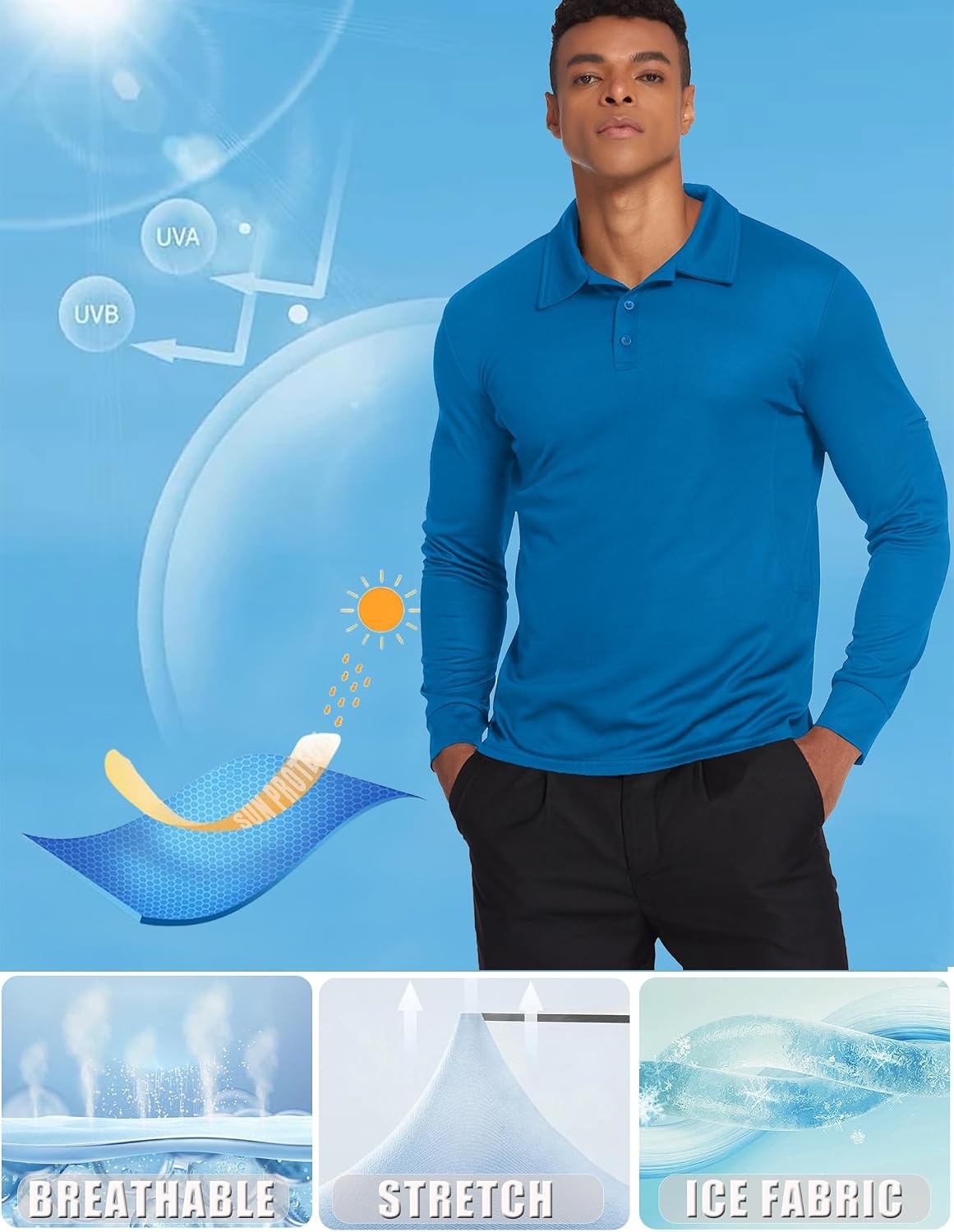 image:imageDeyeek Mens Long Sleeve Polo Shirts Quick Dry Golf Polo for MenBlue
