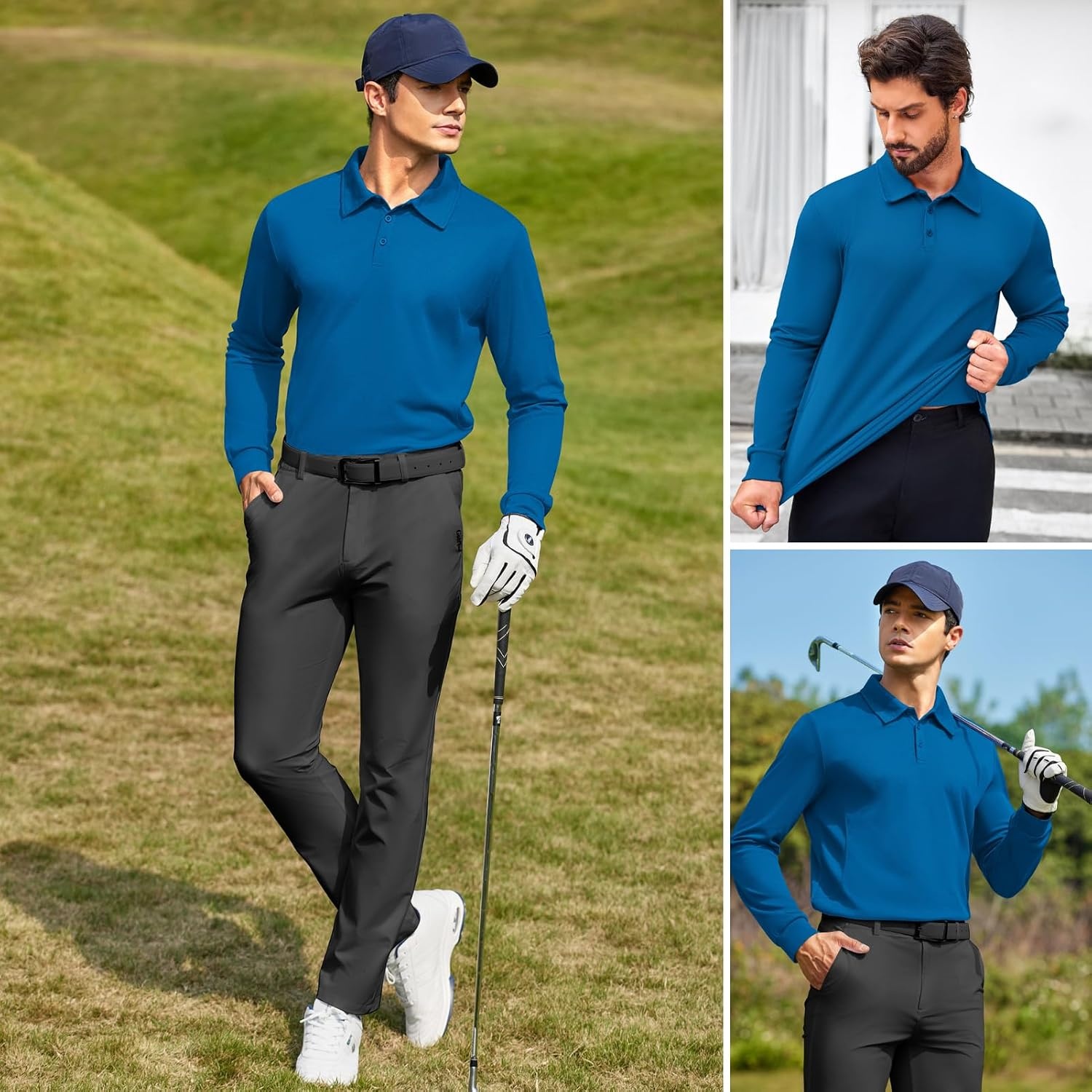 image:imageDeyeek Mens Long Sleeve Polo Shirts Quick Dry Golf Polo for MenBlue