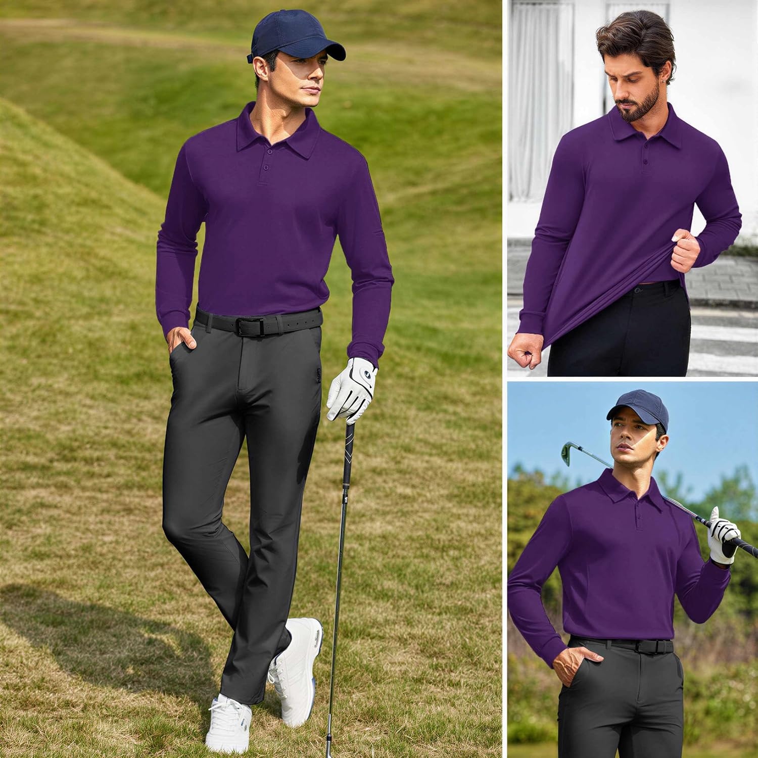 image:imageDeyeek Mens Long Sleeve Polo Shirts Quick Dry Golf Polo for MenBright Purple
