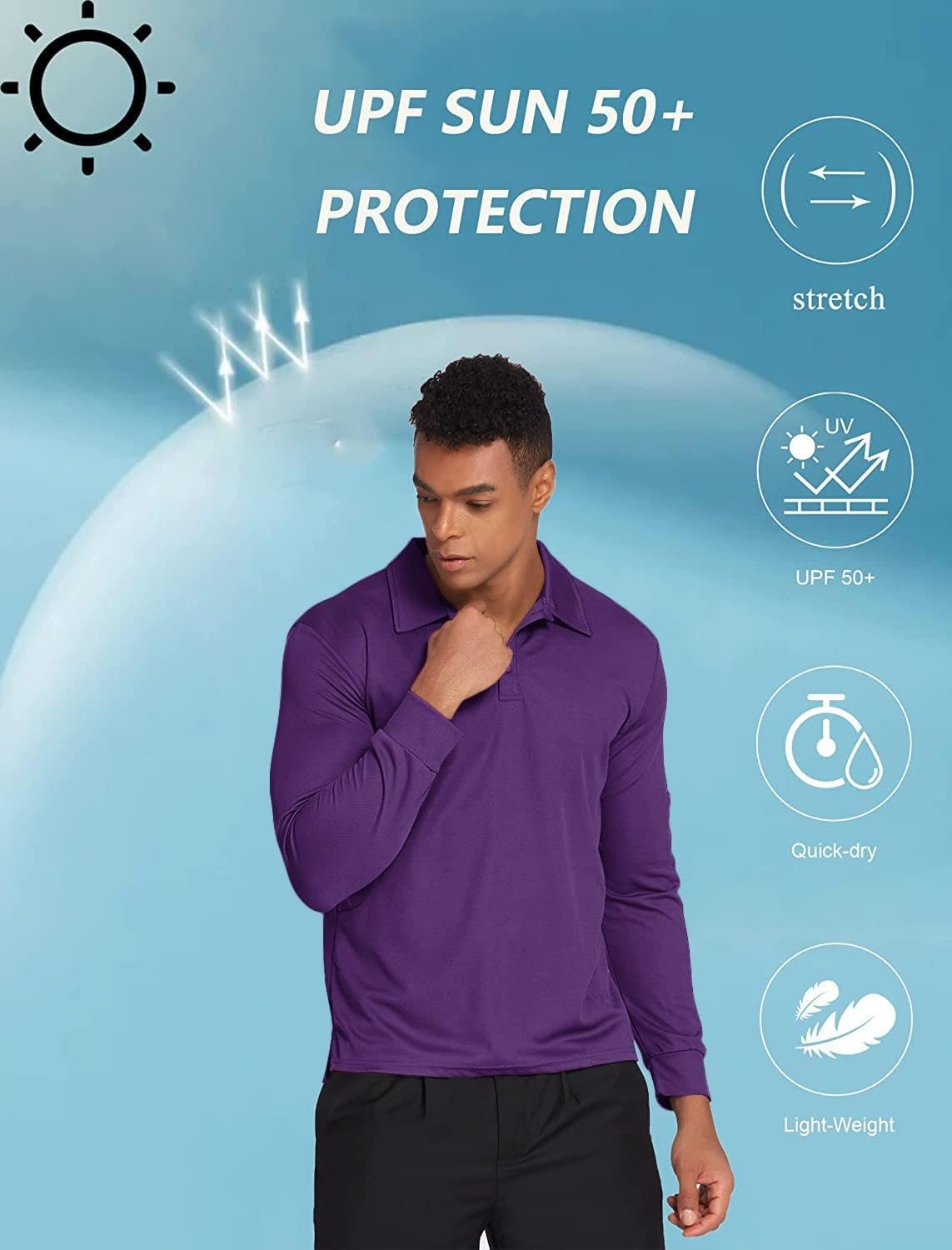 image:imageDeyeek Mens Long Sleeve Polo Shirts Quick Dry Golf Polo for MenBright Purple