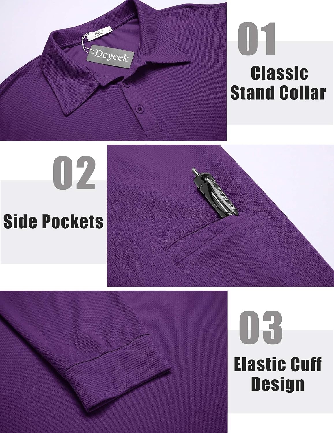 image:imageDeyeek Mens Long Sleeve Polo Shirts Quick Dry Golf Polo for MenBright Purple