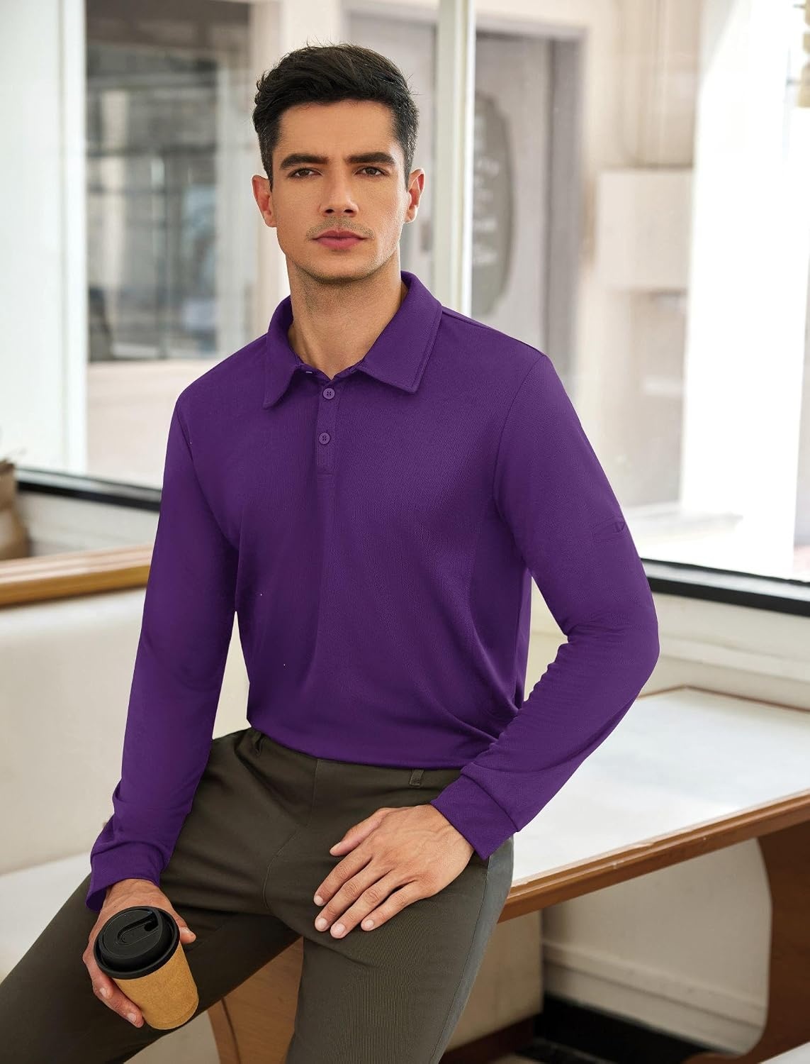 image:imageDeyeek Mens Long Sleeve Polo Shirts Quick Dry Golf Polo for MenBright Purple