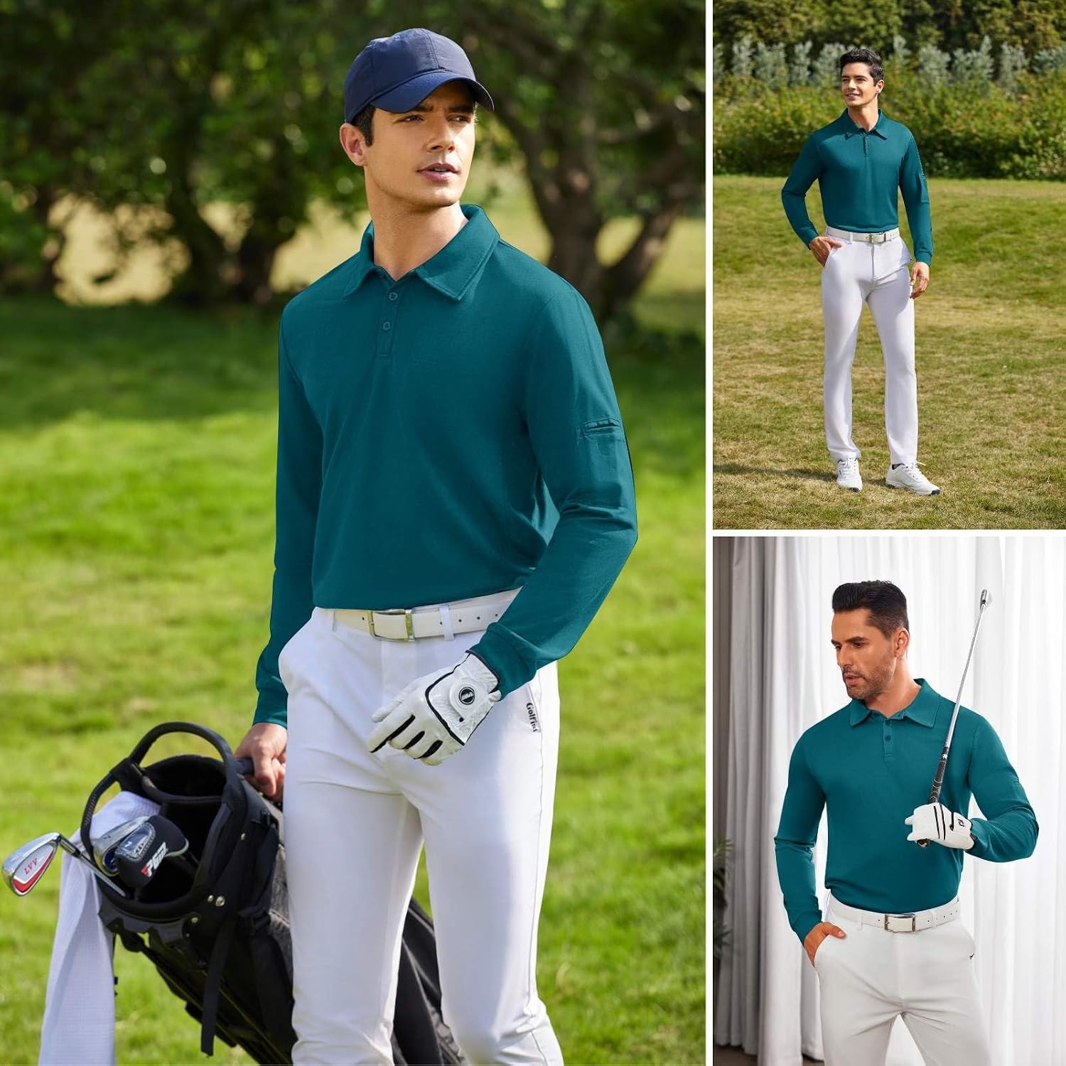 image:imageDeyeek Mens Long Sleeve Polo Shirts Quick Dry Golf Polo for MenDark Blue