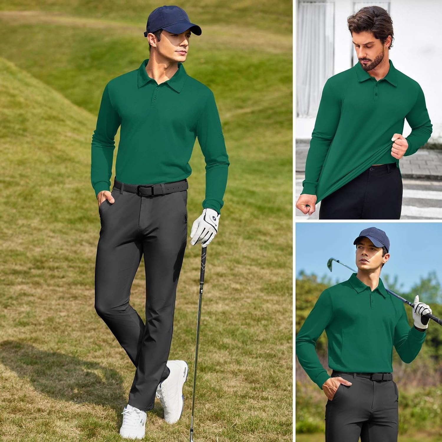 image:imageDeyeek Mens Long Sleeve Polo Shirts Quick Dry Golf Polo for MenDark Green