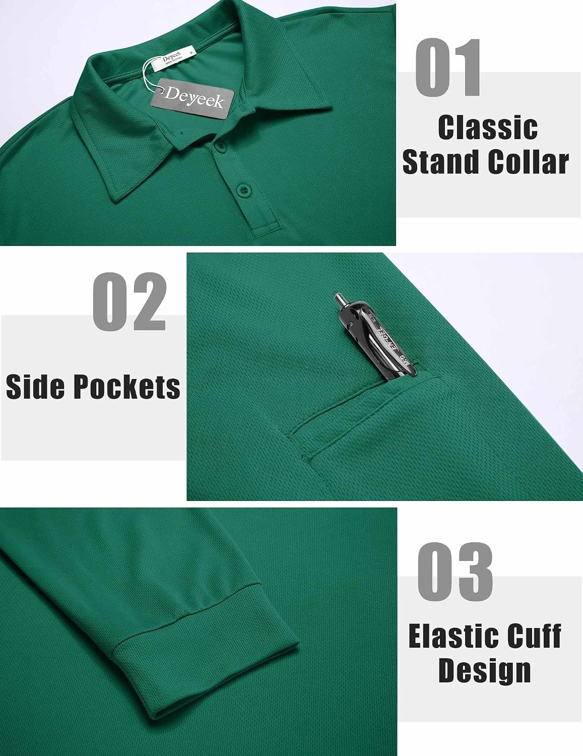 image:imageDeyeek Mens Long Sleeve Polo Shirts Quick Dry Golf Polo for MenDark Green