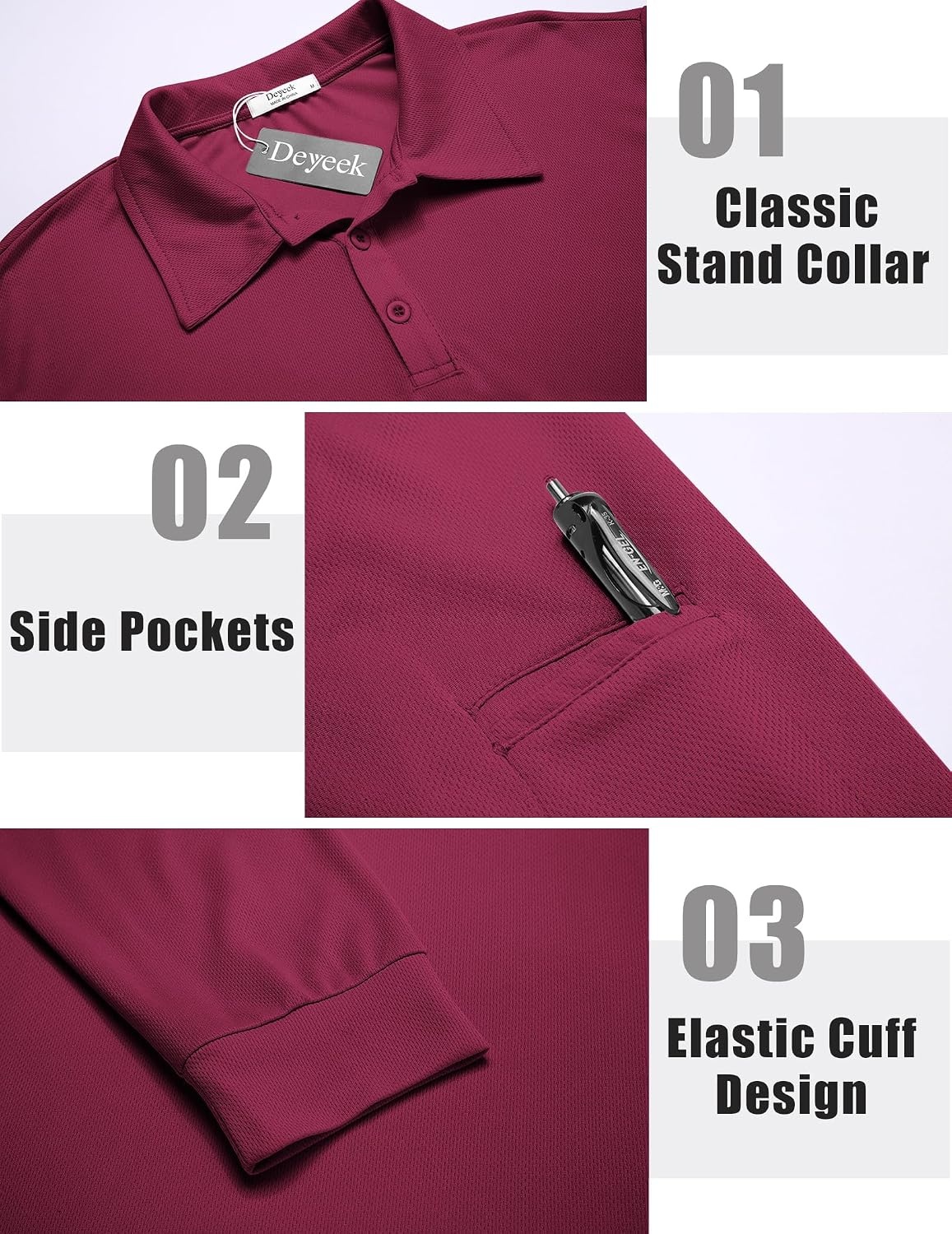 image:imageDeyeek Mens Long Sleeve Polo Shirts Quick Dry Golf Polo for MenDrak Red