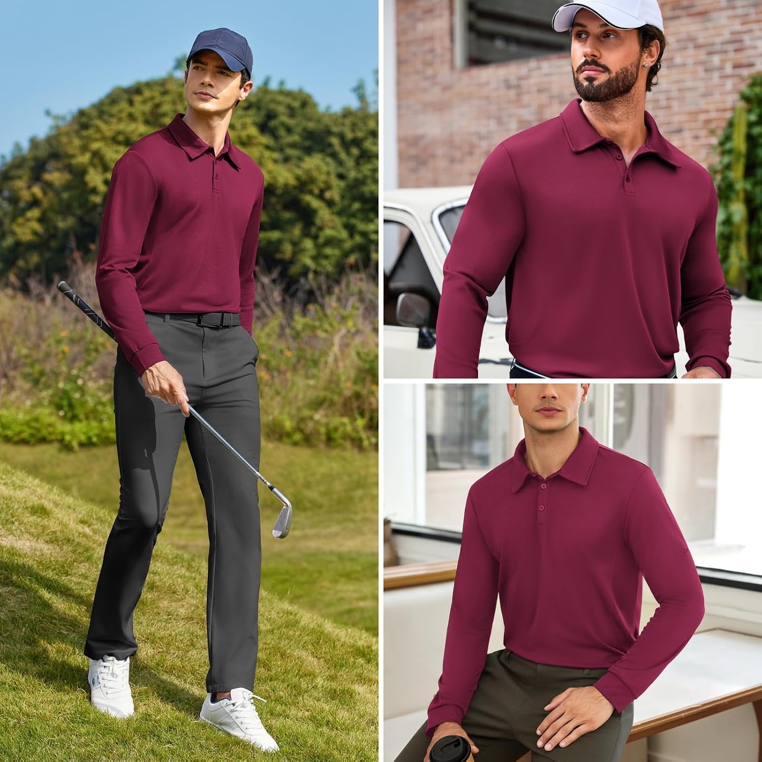 image:imageDeyeek Mens Long Sleeve Polo Shirts Quick Dry Golf Polo for MenDrak Red
