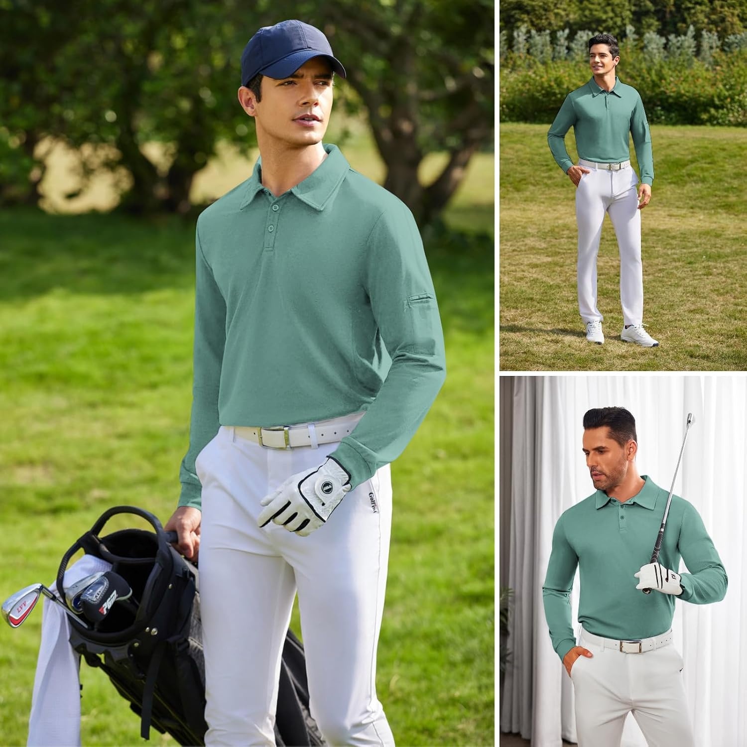 image:imageDeyeek Mens Long Sleeve Polo Shirts Quick Dry Golf Polo for MenEmerald Green