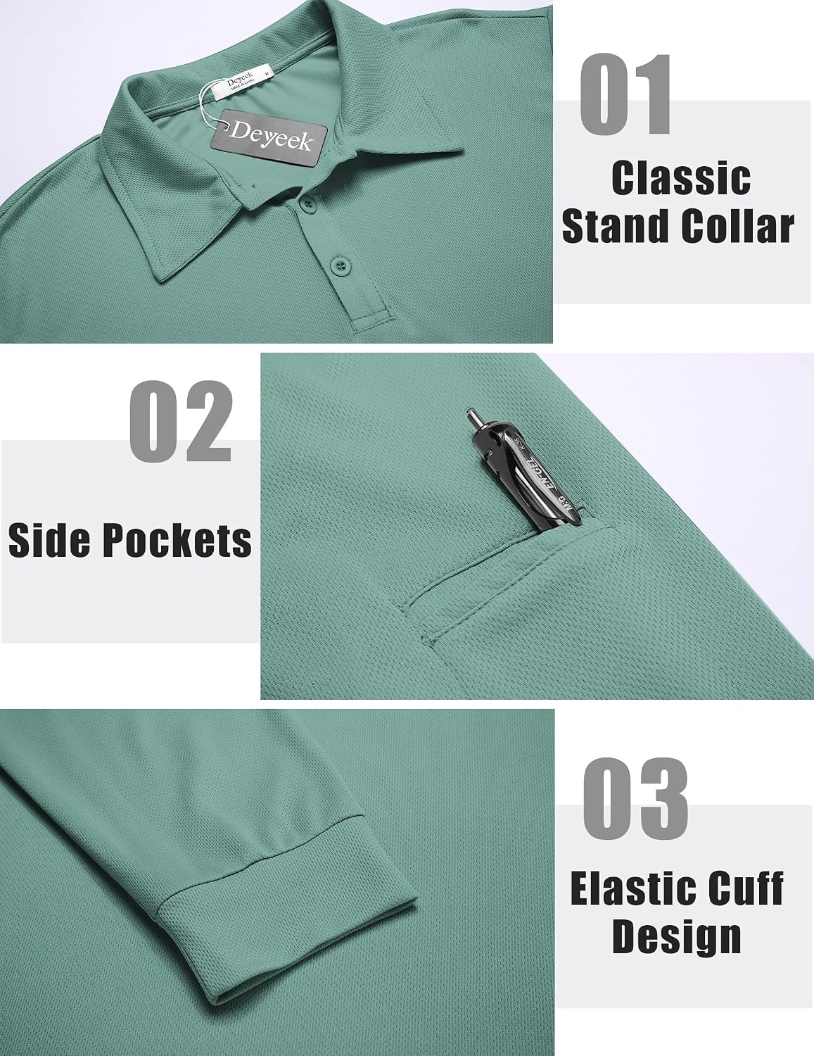 image:imageDeyeek Mens Long Sleeve Polo Shirts Quick Dry Golf Polo for MenEmerald Green