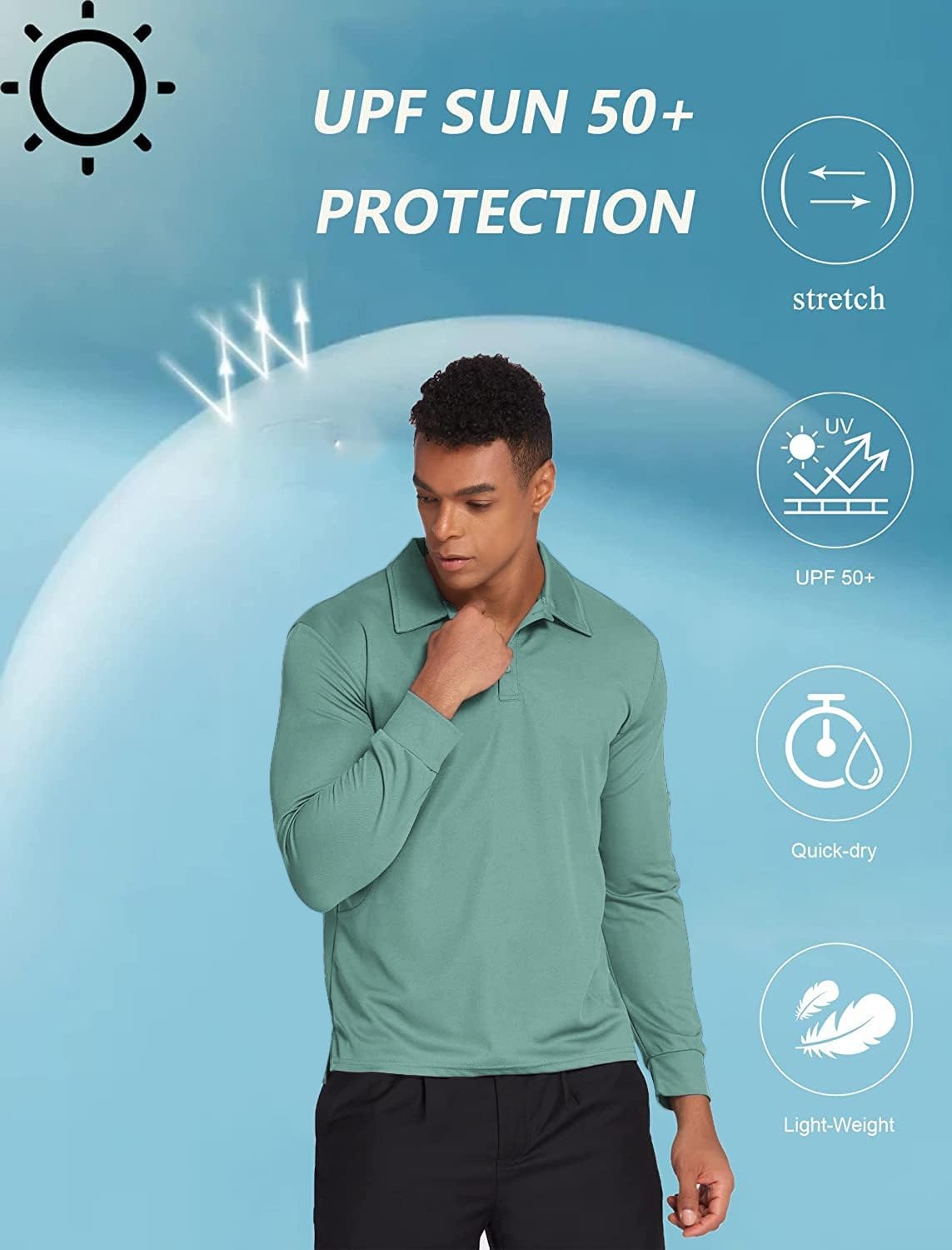 image:imageDeyeek Mens Long Sleeve Polo Shirts Quick Dry Golf Polo for MenEmerald Green