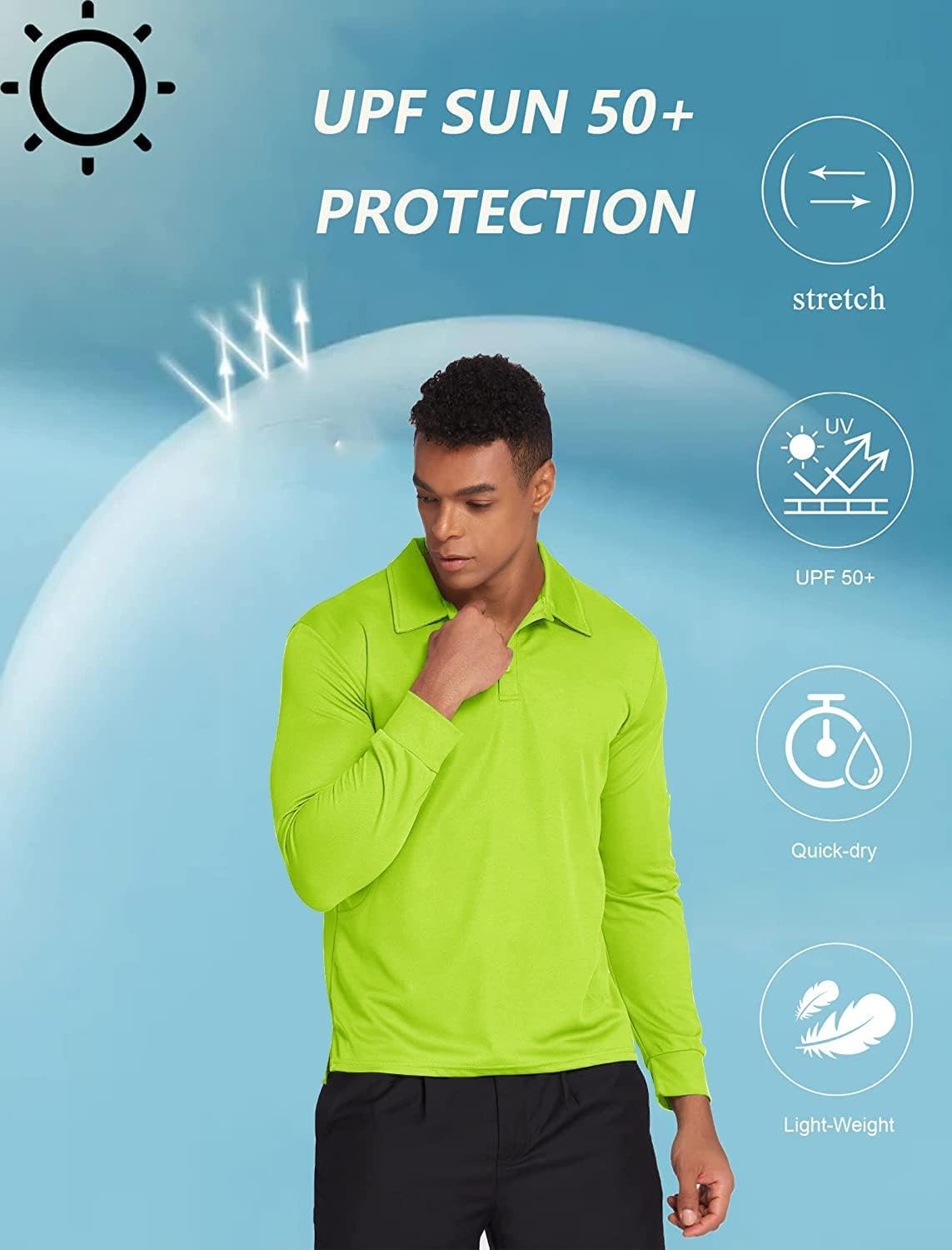 image:imageDeyeek Mens Long Sleeve Polo Shirts Quick Dry Golf Polo for MenFluorescent Green