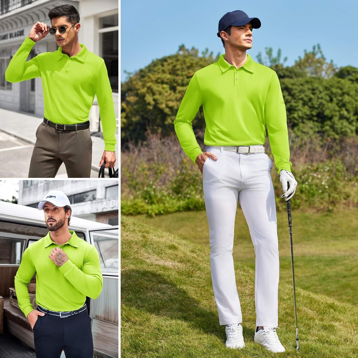 image:imageDeyeek Mens Long Sleeve Polo Shirts Quick Dry Golf Polo for MenFluorescent Green