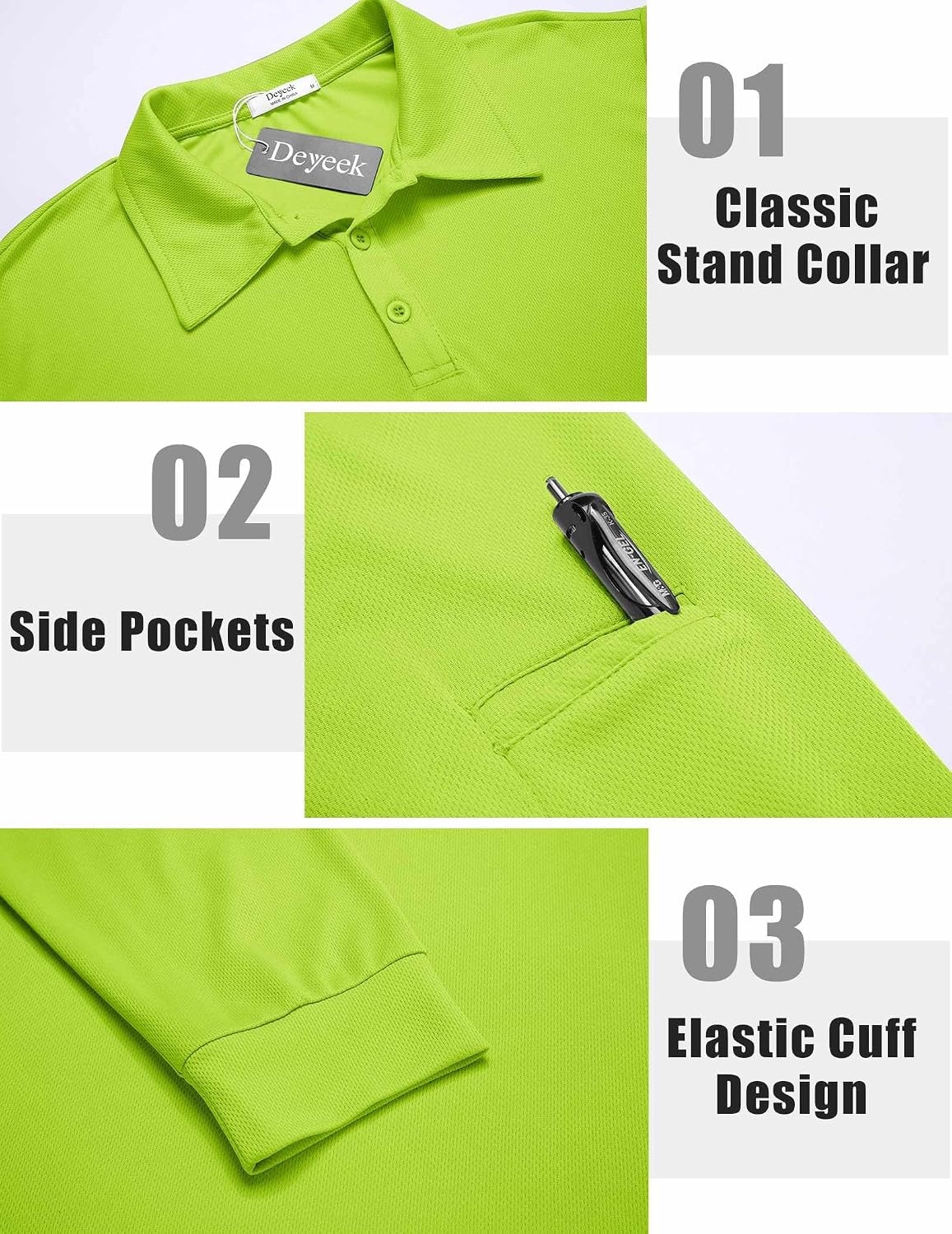 image:imageDeyeek Mens Long Sleeve Polo Shirts Quick Dry Golf Polo for MenFluorescent Green