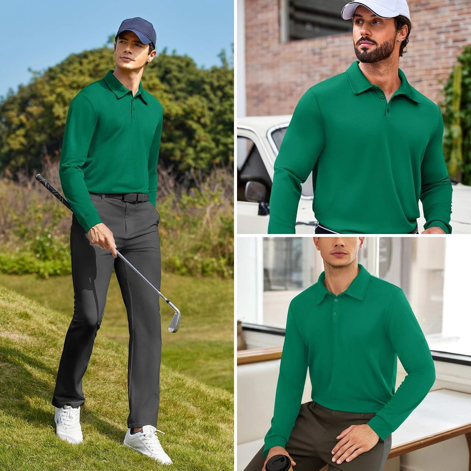 image:imageDeyeek Mens Long Sleeve Polo Shirts Quick Dry Golf Polo for MenForest Green