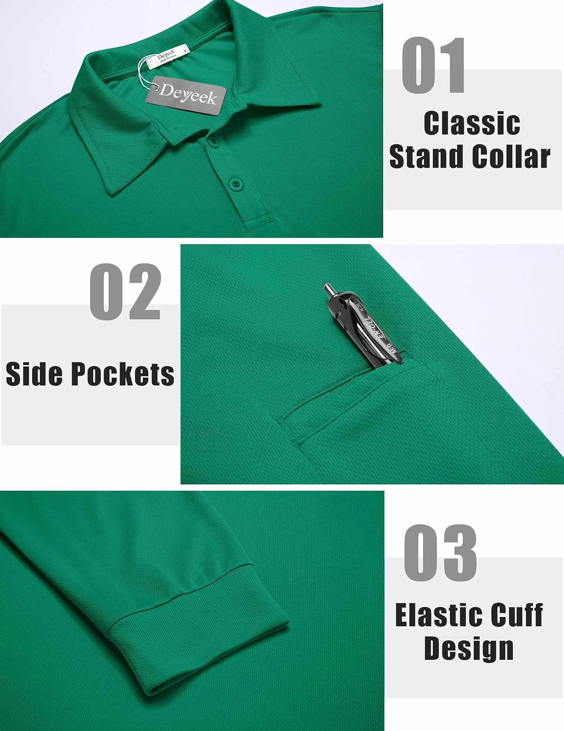 image:imageDeyeek Mens Long Sleeve Polo Shirts Quick Dry Golf Polo for MenForest Green