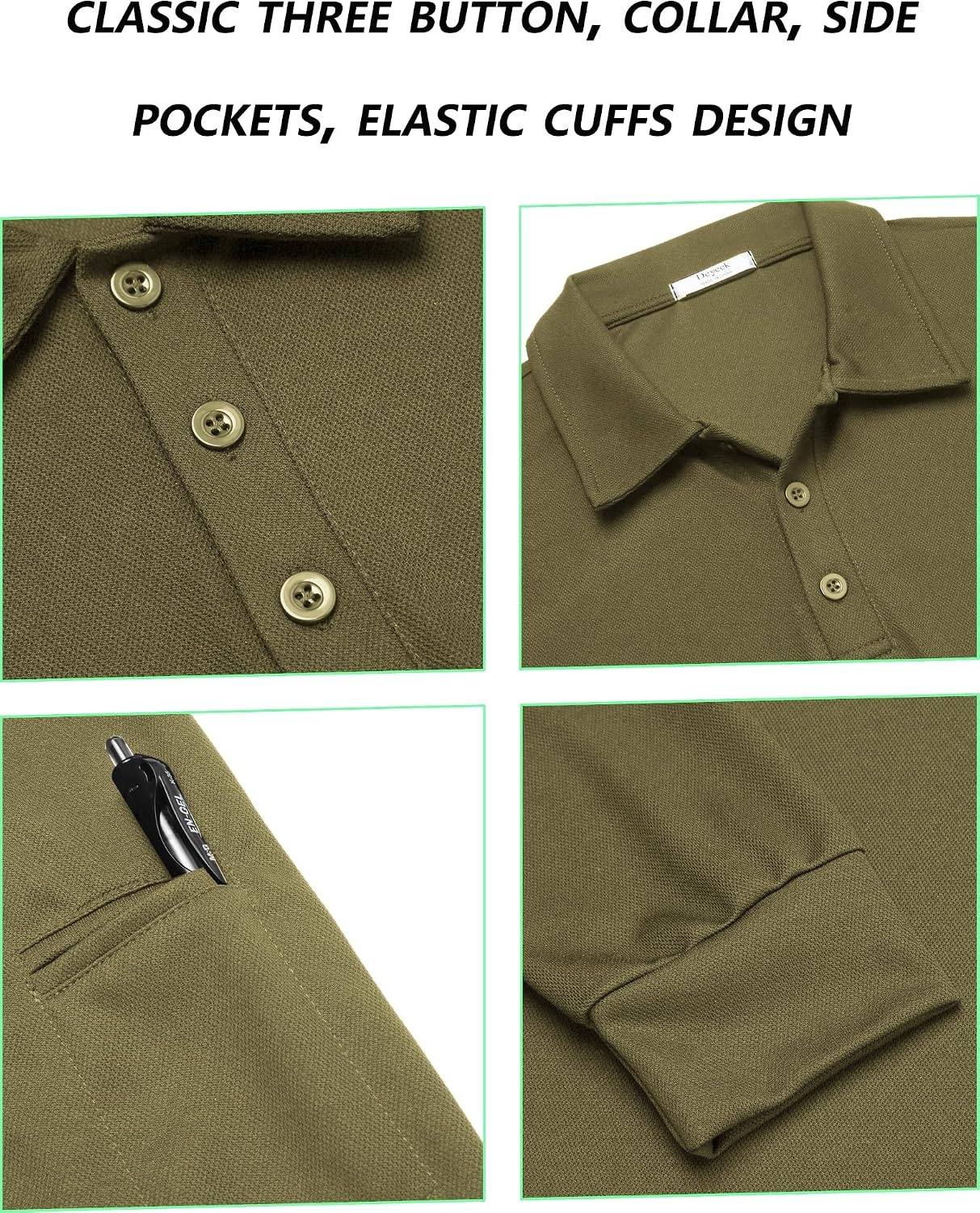 image:imageDeyeek Mens Long Sleeve Polo Shirts Quick Dry Golf Polo for MenGreen