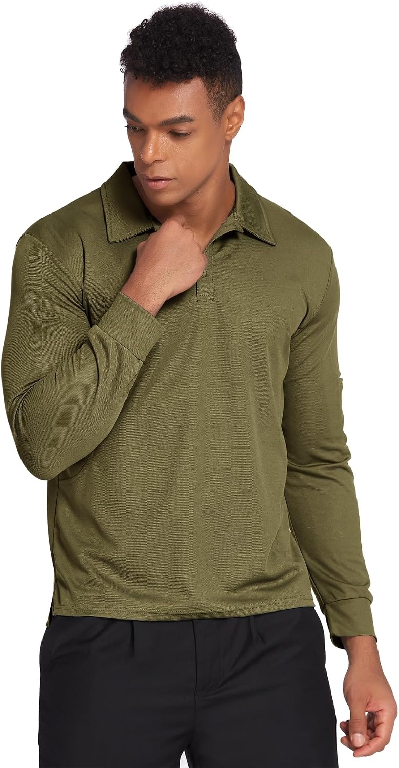 image:imageDeyeek Mens Long Sleeve Polo Shirts Quick Dry Golf Polo for MenGreen