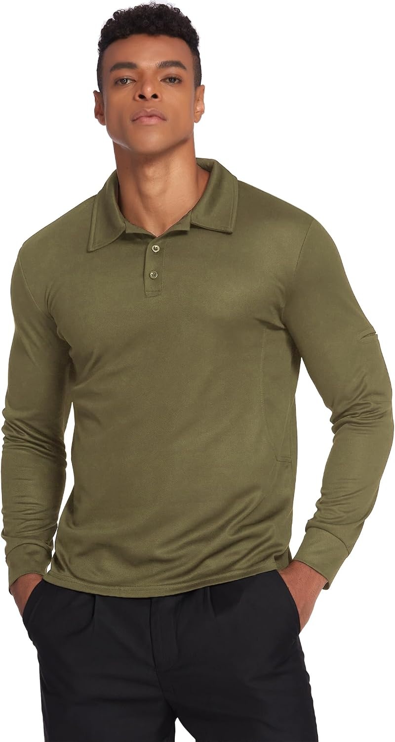 image:imageDeyeek Mens Long Sleeve Polo Shirts Quick Dry Golf Polo for MenGreen
