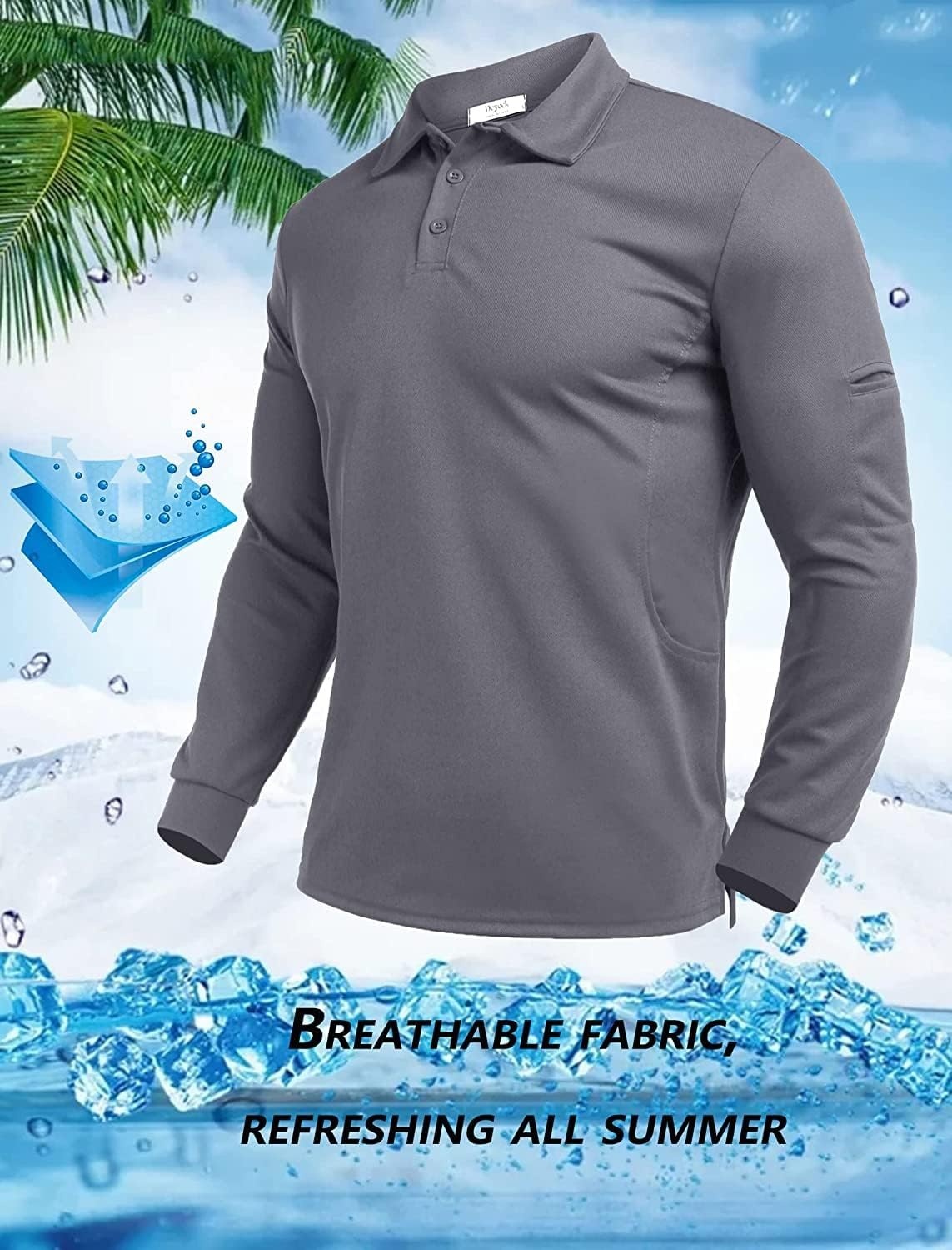 image:imageDeyeek Mens Long Sleeve Polo Shirts Quick Dry Golf Polo for MenGrey