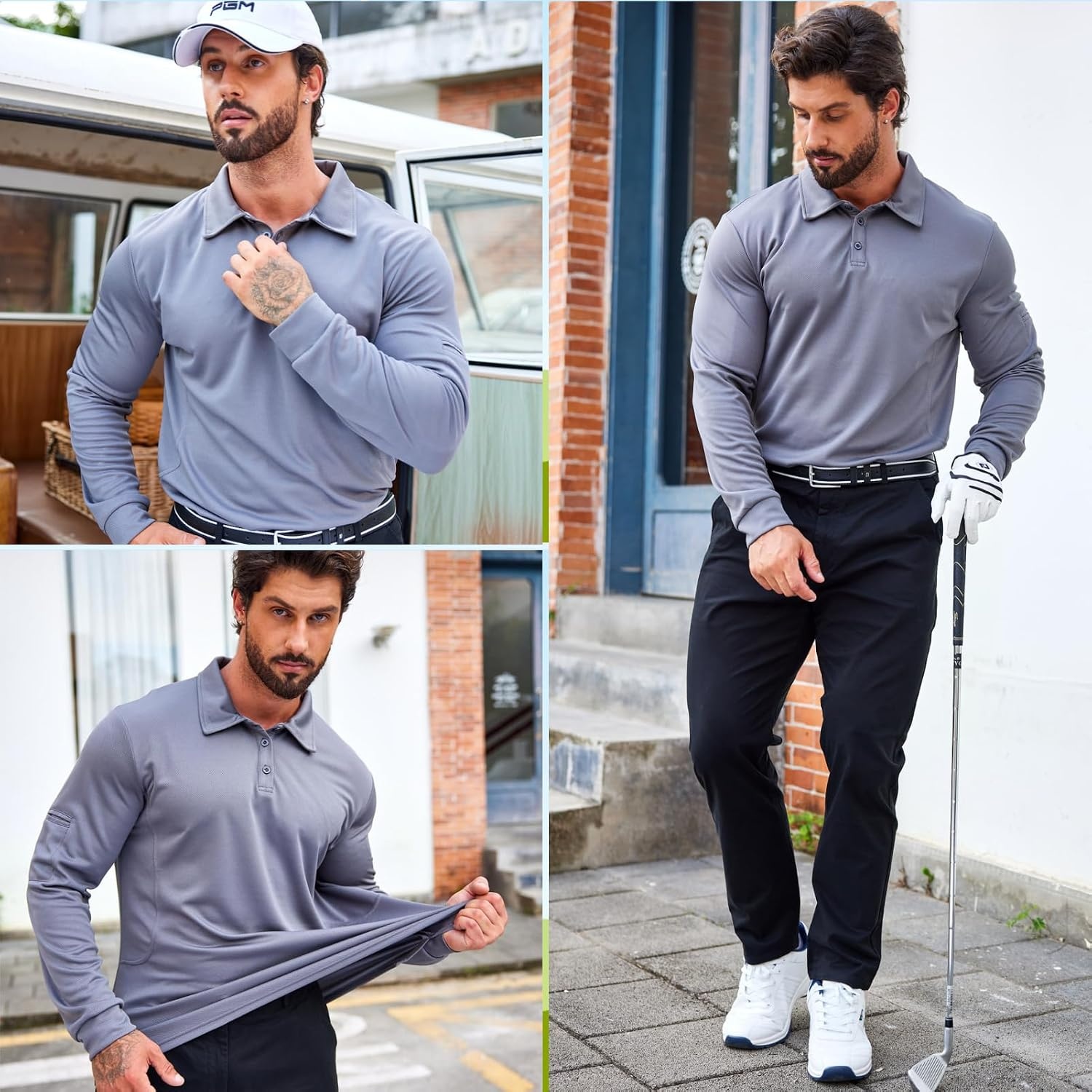image:imageDeyeek Mens Long Sleeve Polo Shirts Quick Dry Golf Polo for MenGrey