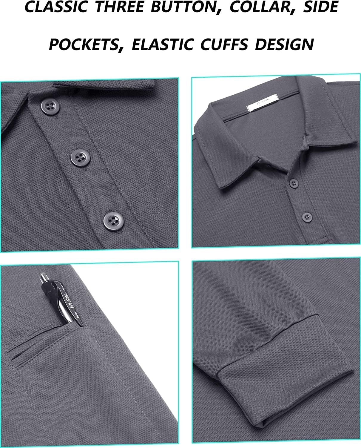 image:imageDeyeek Mens Long Sleeve Polo Shirts Quick Dry Golf Polo for MenGrey