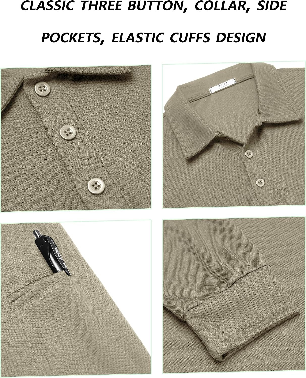image:imageDeyeek Mens Long Sleeve Polo Shirts Quick Dry Golf Polo for MenKhaki