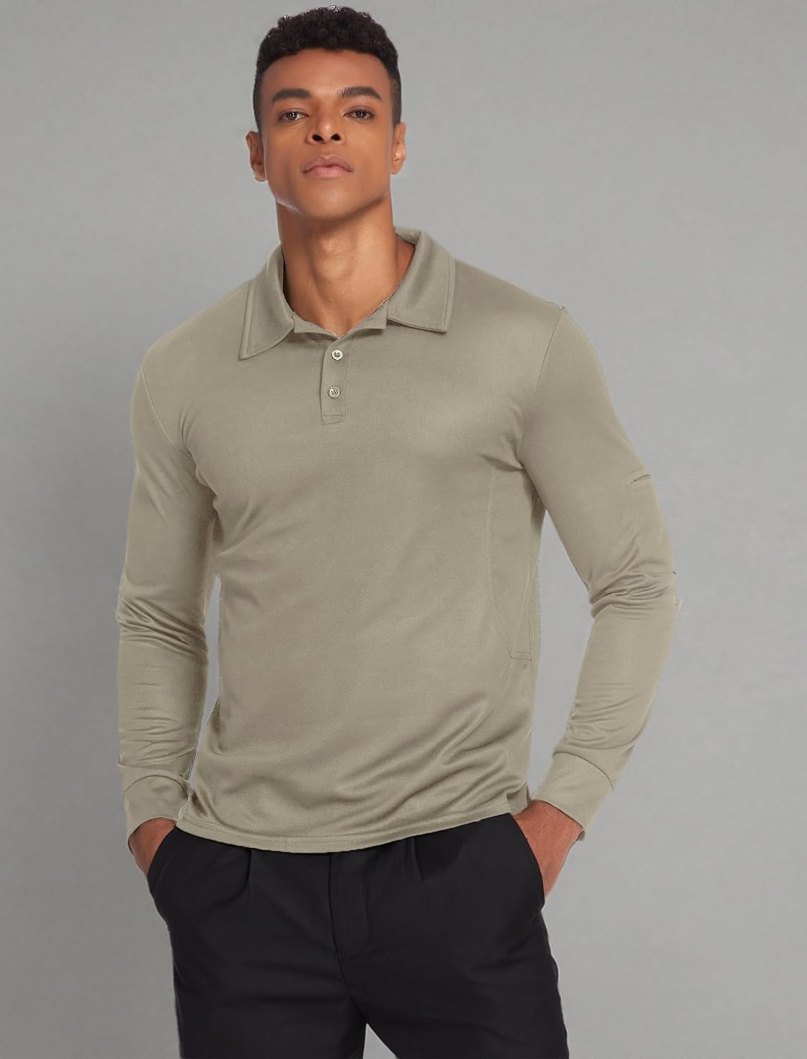 image:imageDeyeek Mens Long Sleeve Polo Shirts Quick Dry Golf Polo for MenKhaki